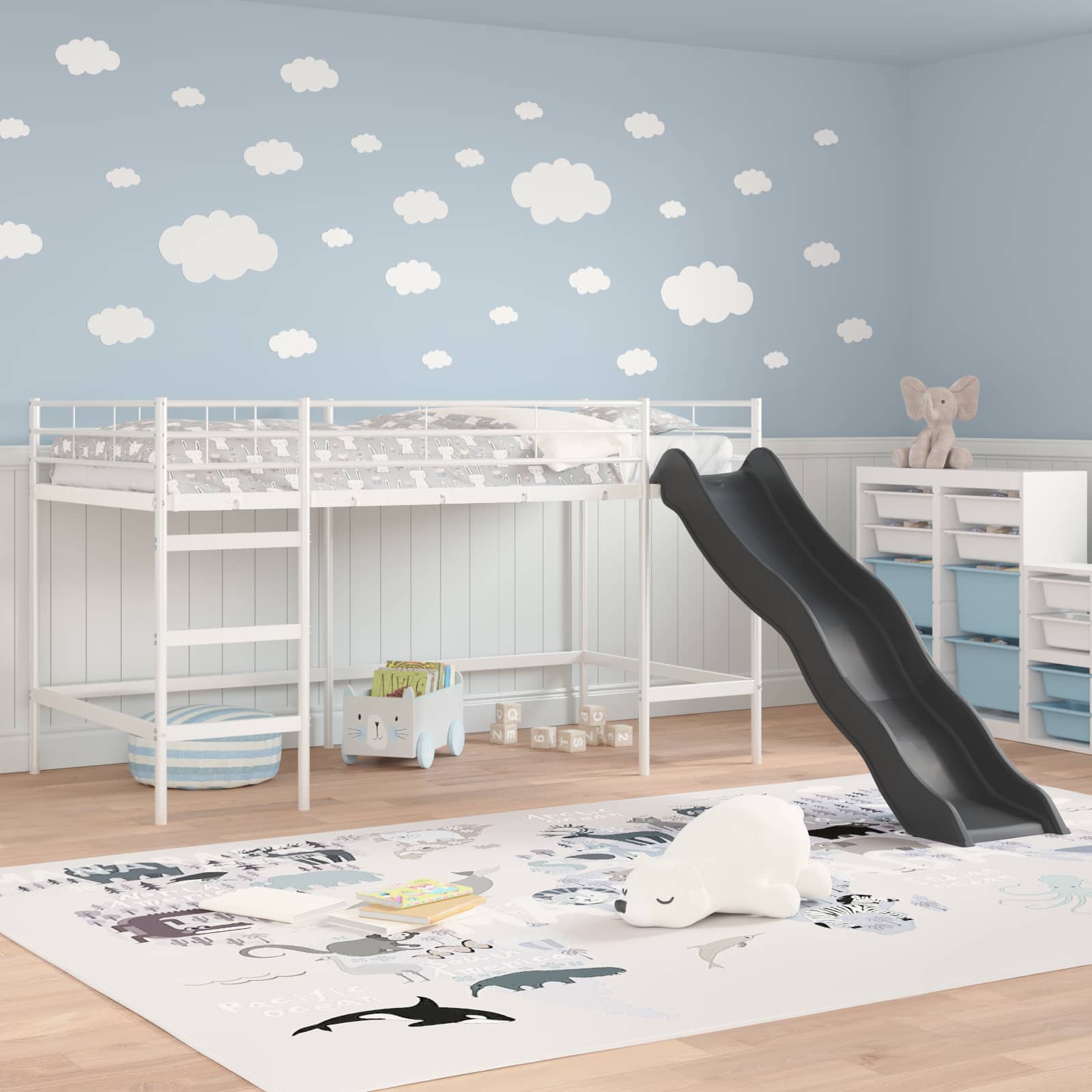 Lit superposé pour enfants avec toboggan Blanc et anthracite - XIOS