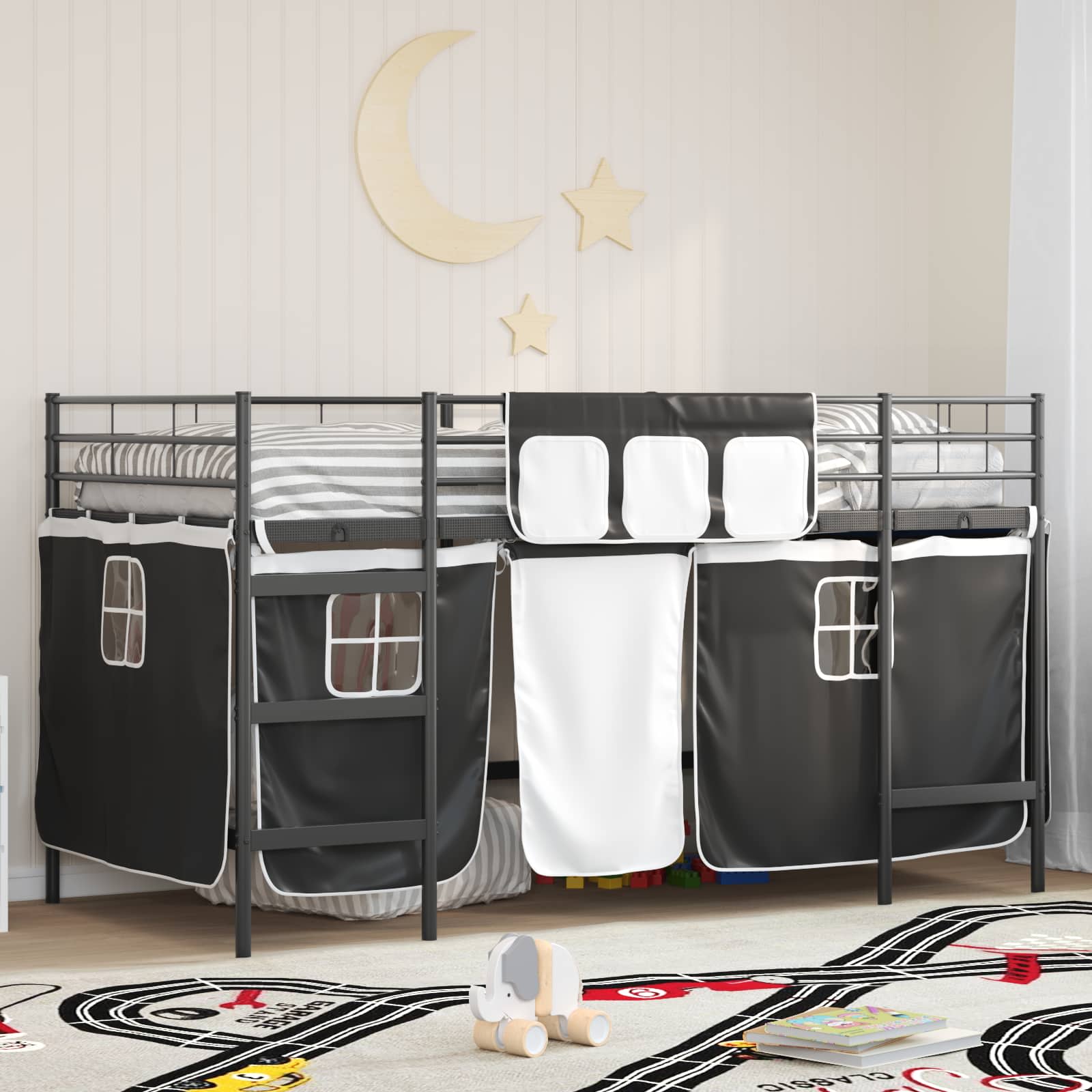 Cadre de Lit Mezzanine pour Enfants avec Rideaux Noir - XIOS