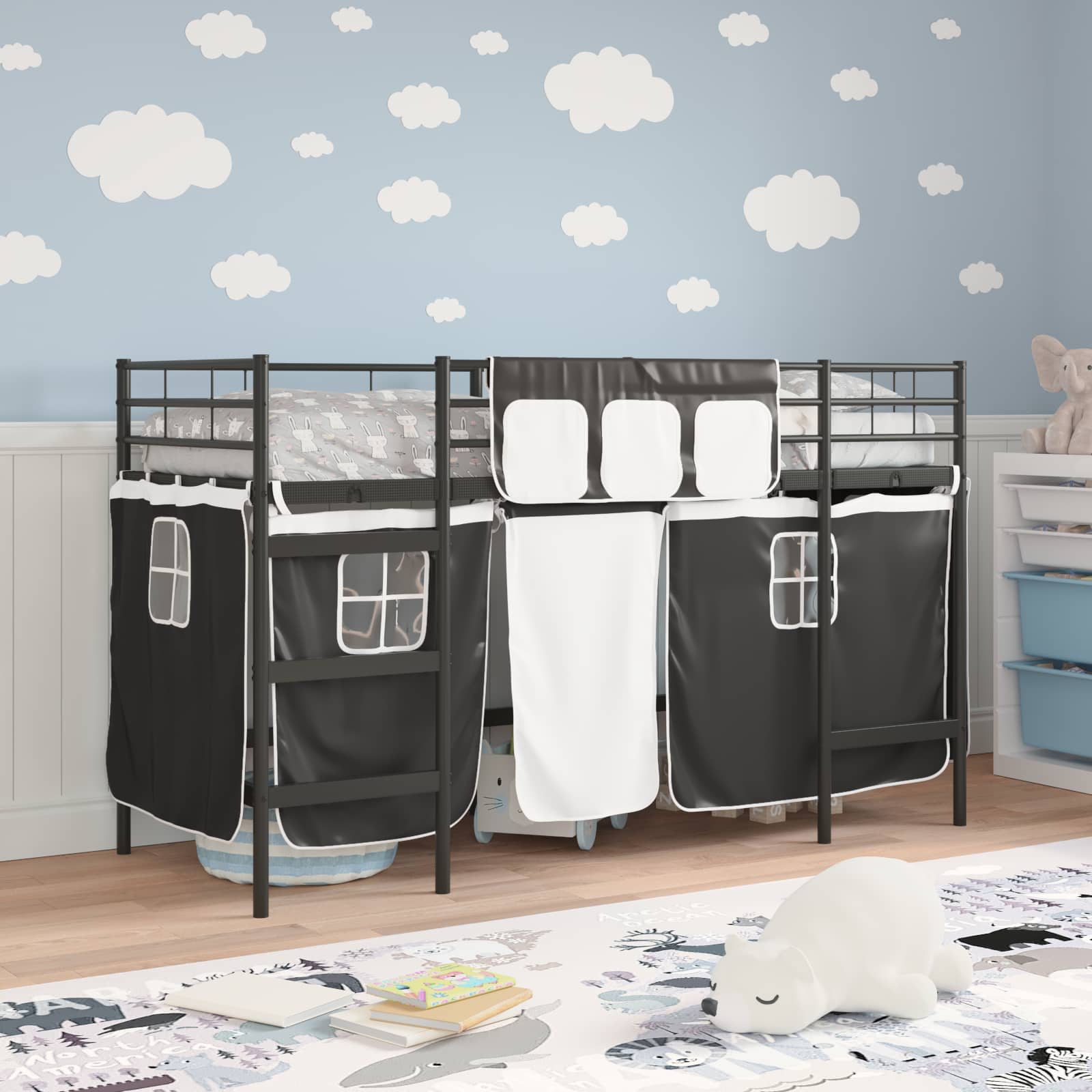 Cadre de Lit Mezzanine pour Enfants avec Rideaux Noir - XIOS