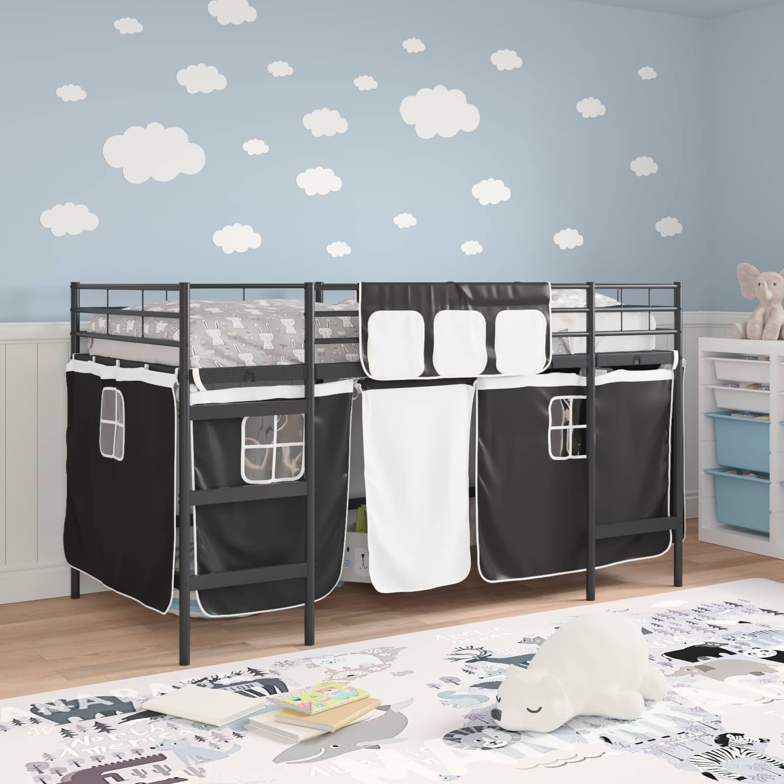 Cadre de Lit Mezzanine pour Enfants avec Rideaux Noir - XIOS