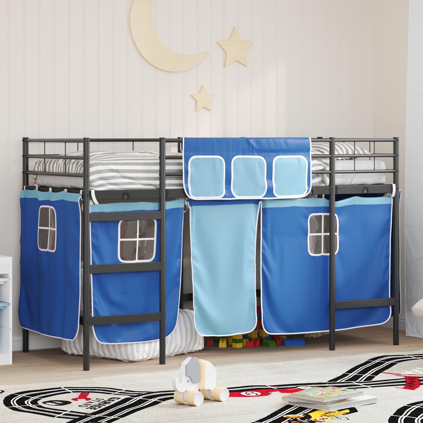 Cadre de Lit Mezzanine pour Enfants avec Rideaux Noir et Bleu - XIOS