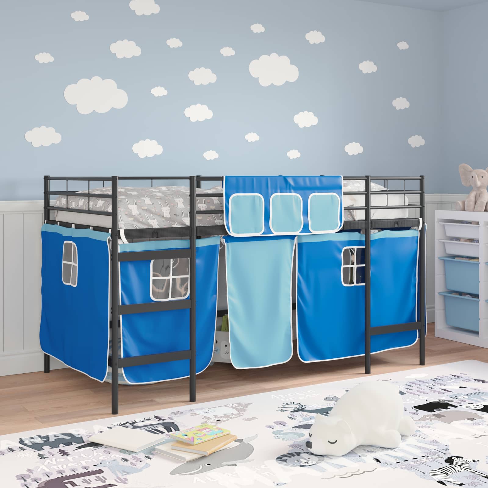 Cadre de Lit Mezzanine pour Enfants avec Rideaux Noir et Bleu - XIOS