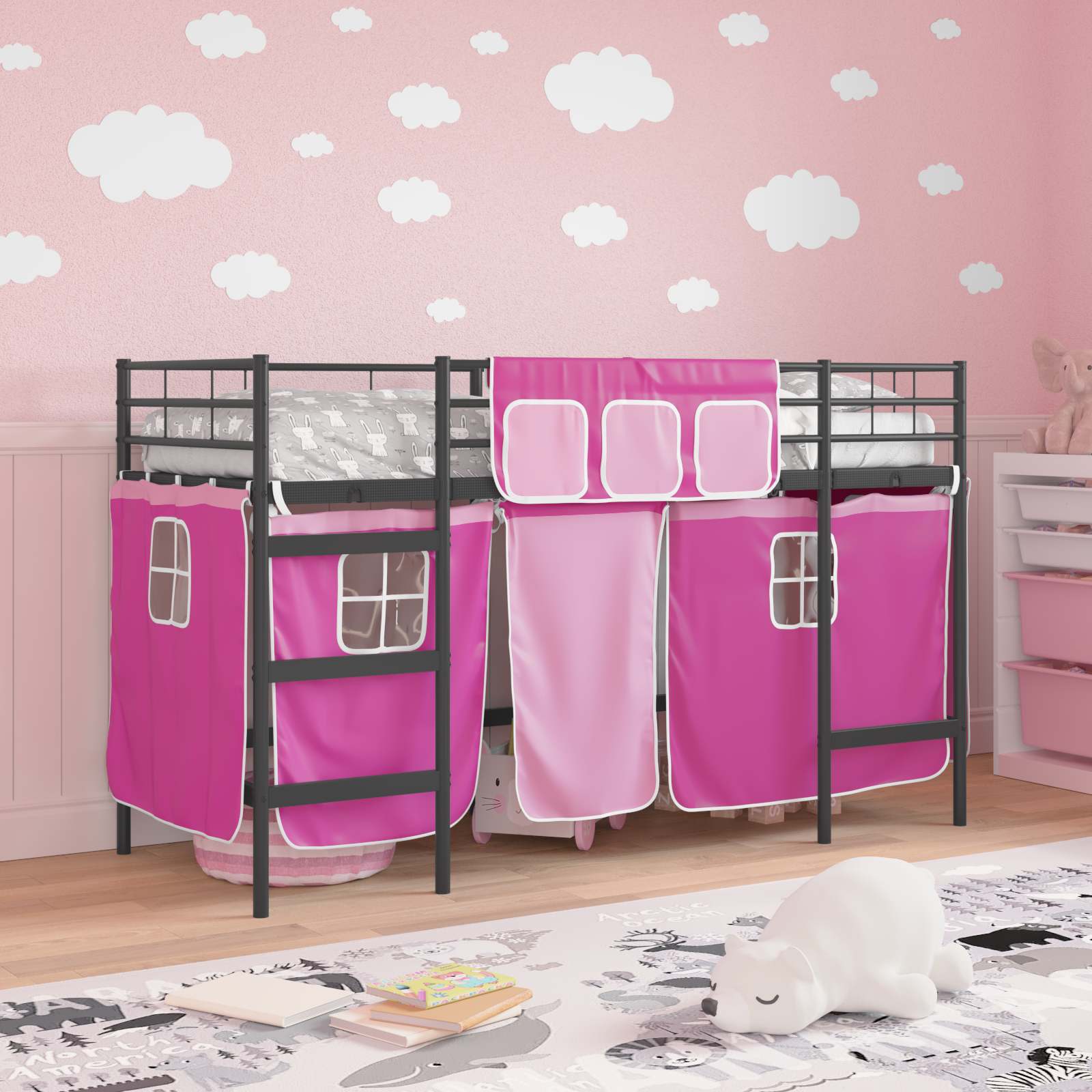 Cadre de Lit Mezzanine pour Enfants avec Rideaux Noir et rose - XIOS