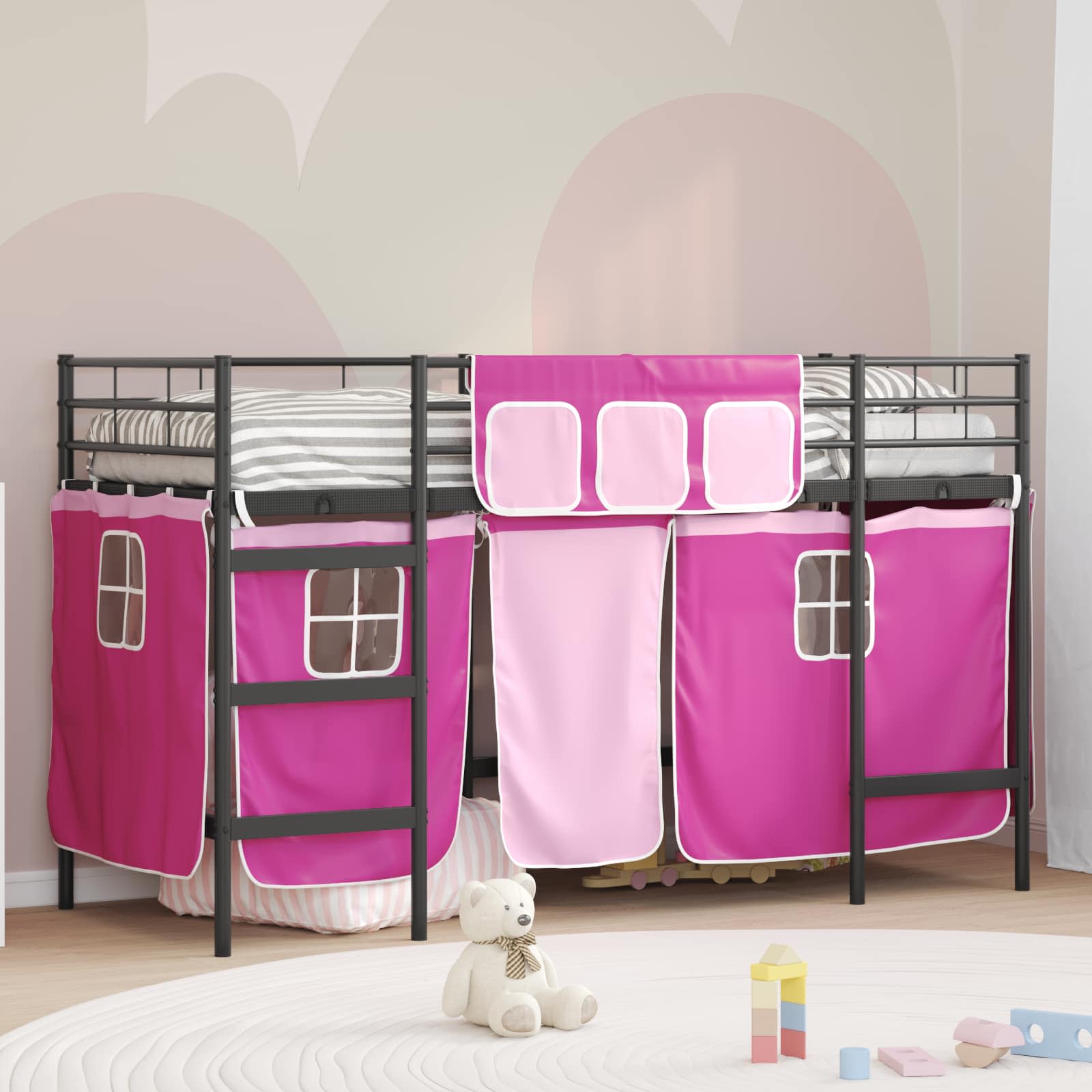 Cadre de Lit Mezzanine pour Enfants avec Rideaux Noir et rose - XIOS