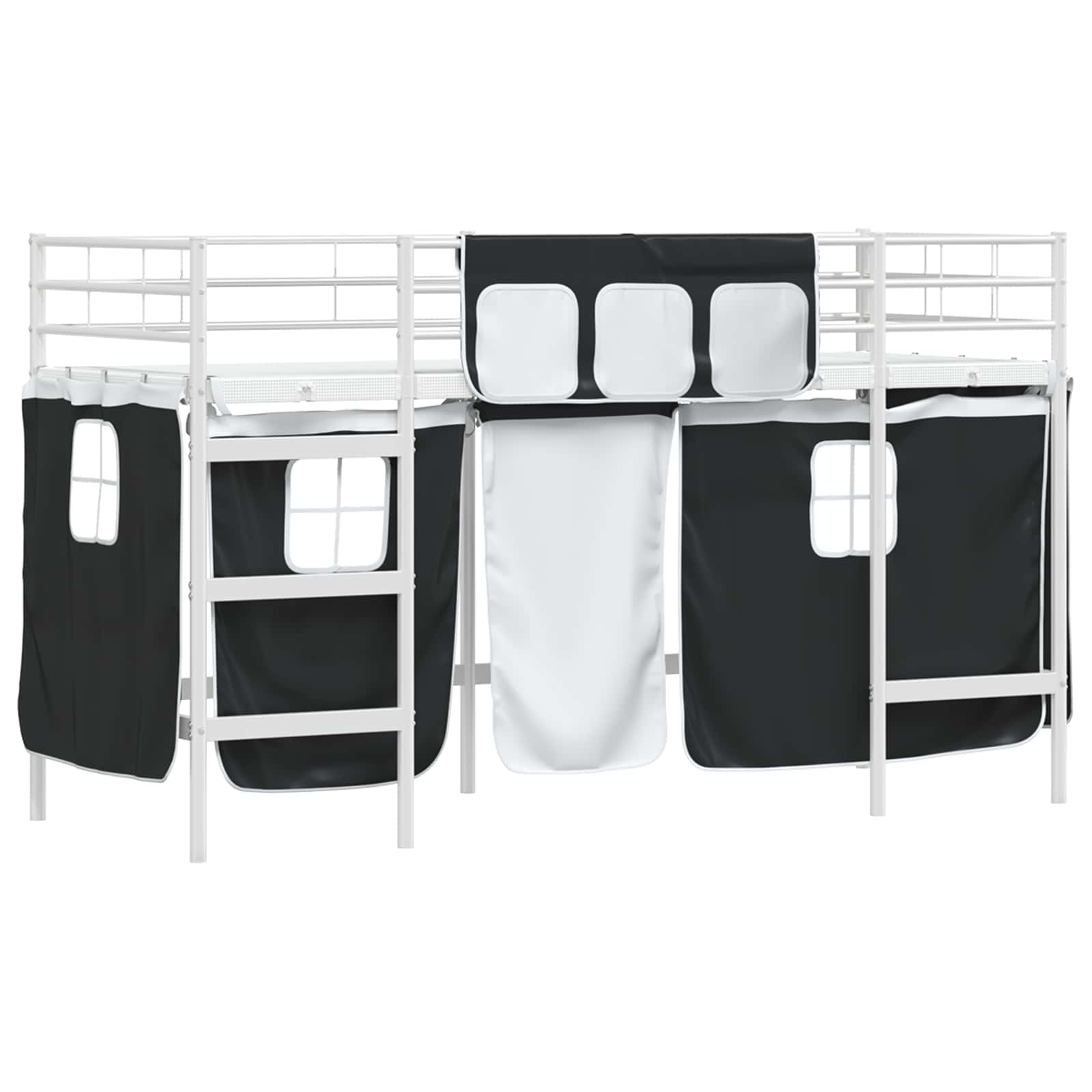 Cadre de Lit Mezzanine pour Enfants avec Rideaux Blanc et Noir - XIOS