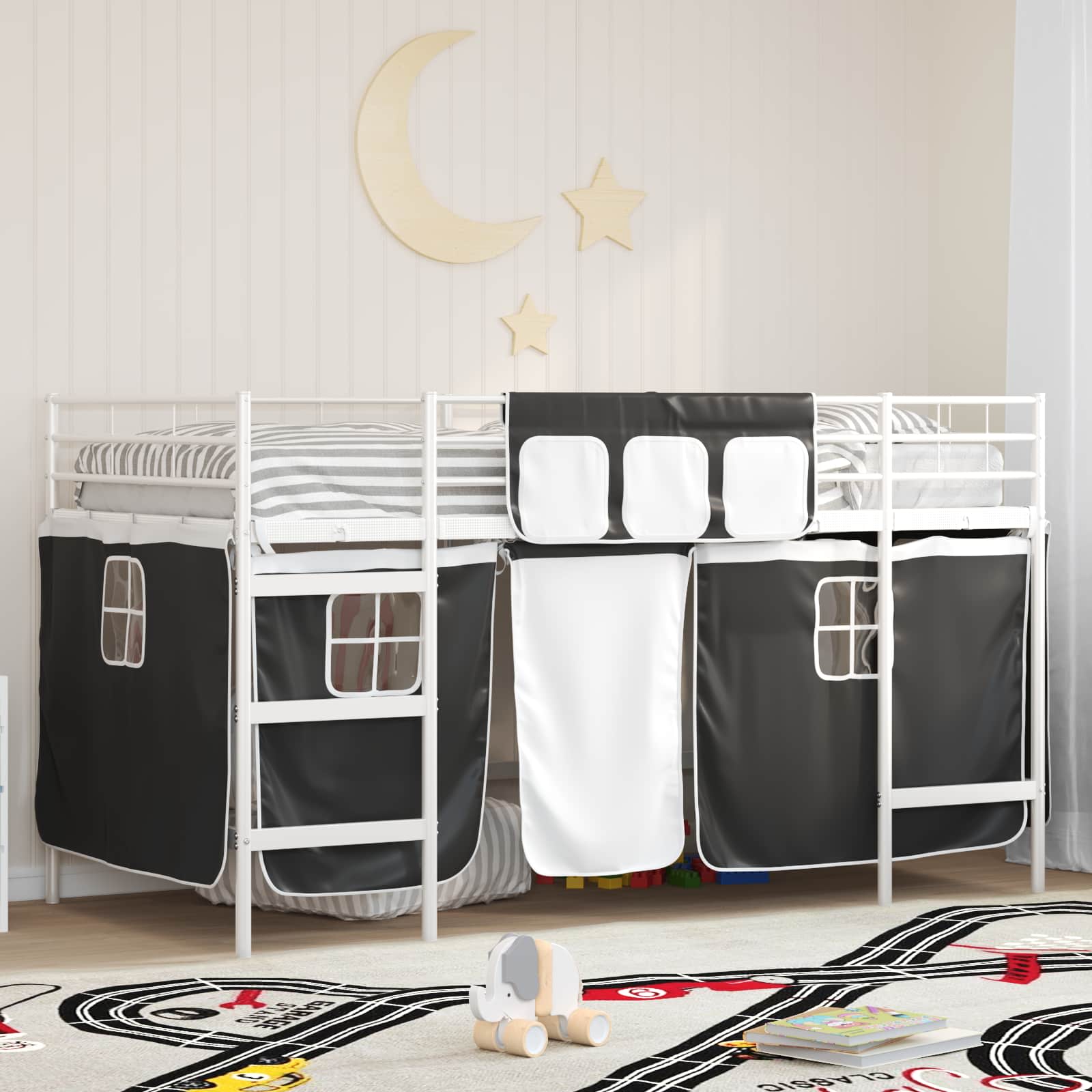 Cadre de Lit Mezzanine pour Enfants avec Rideaux Blanc et Noir - XIOS