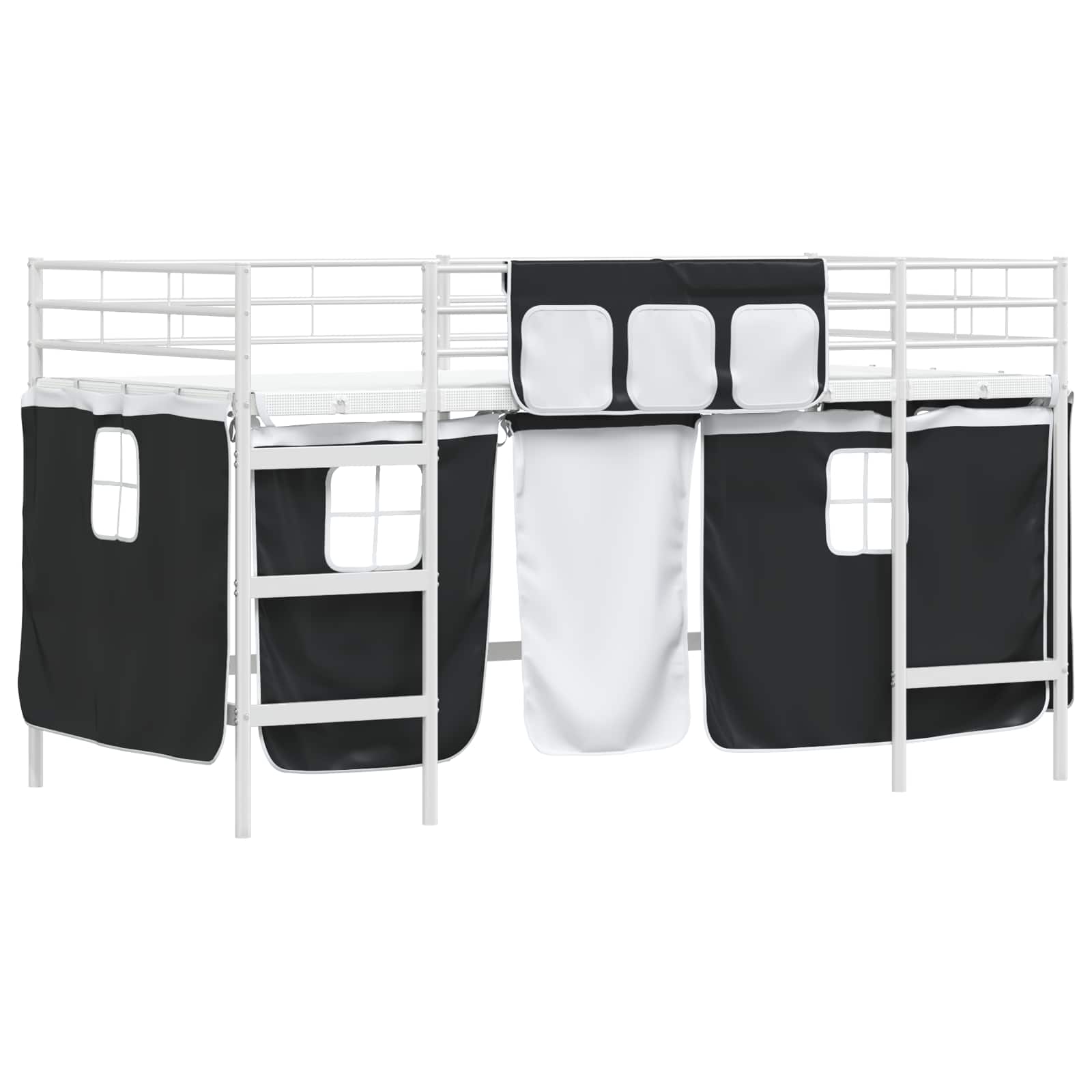 Cadre de Lit Mezzanine pour Enfants avec Rideaux Blanc et Noir - XIOS