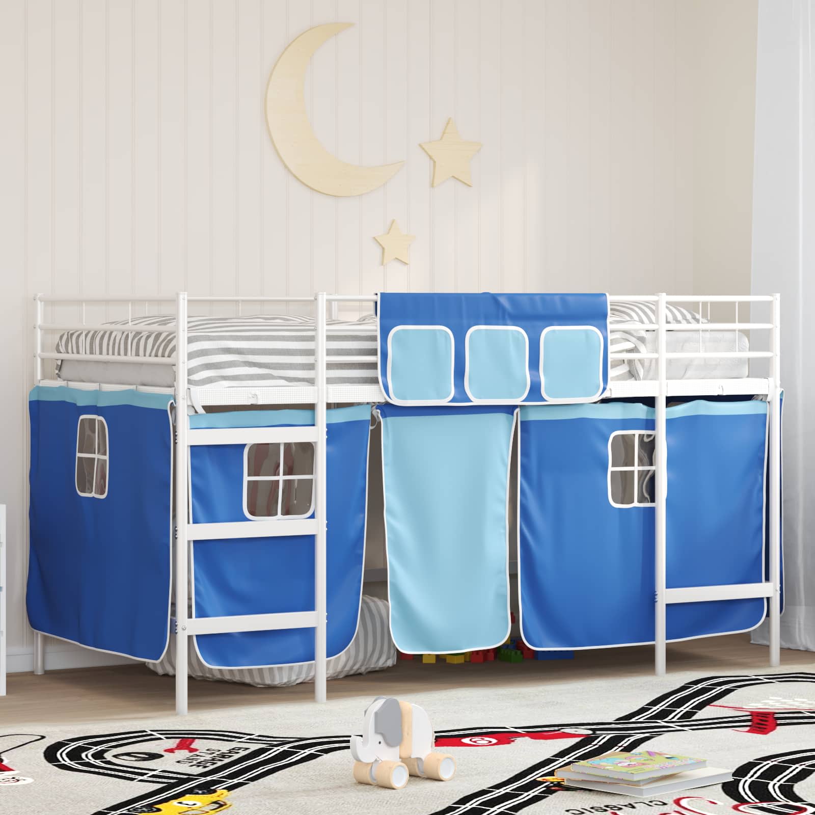 Cadre de Lit Mezzanine pour Enfants avec Rideaux Blanc et Bleu - XIOS