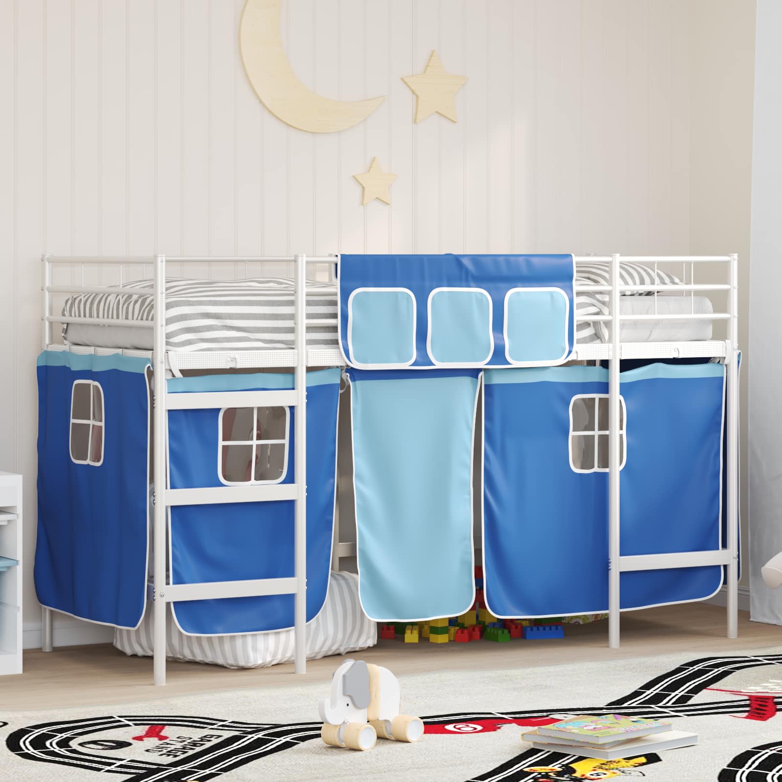 Cadre de Lit Mezzanine pour Enfants avec Rideaux Blanc et Bleu - XIOS