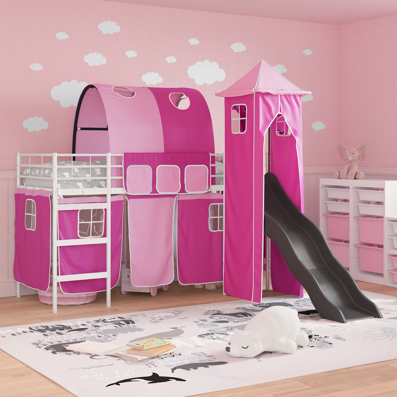 Lit mezzanine pour enfants Blanc et rose 100 x 190 cm Métал - XIOS