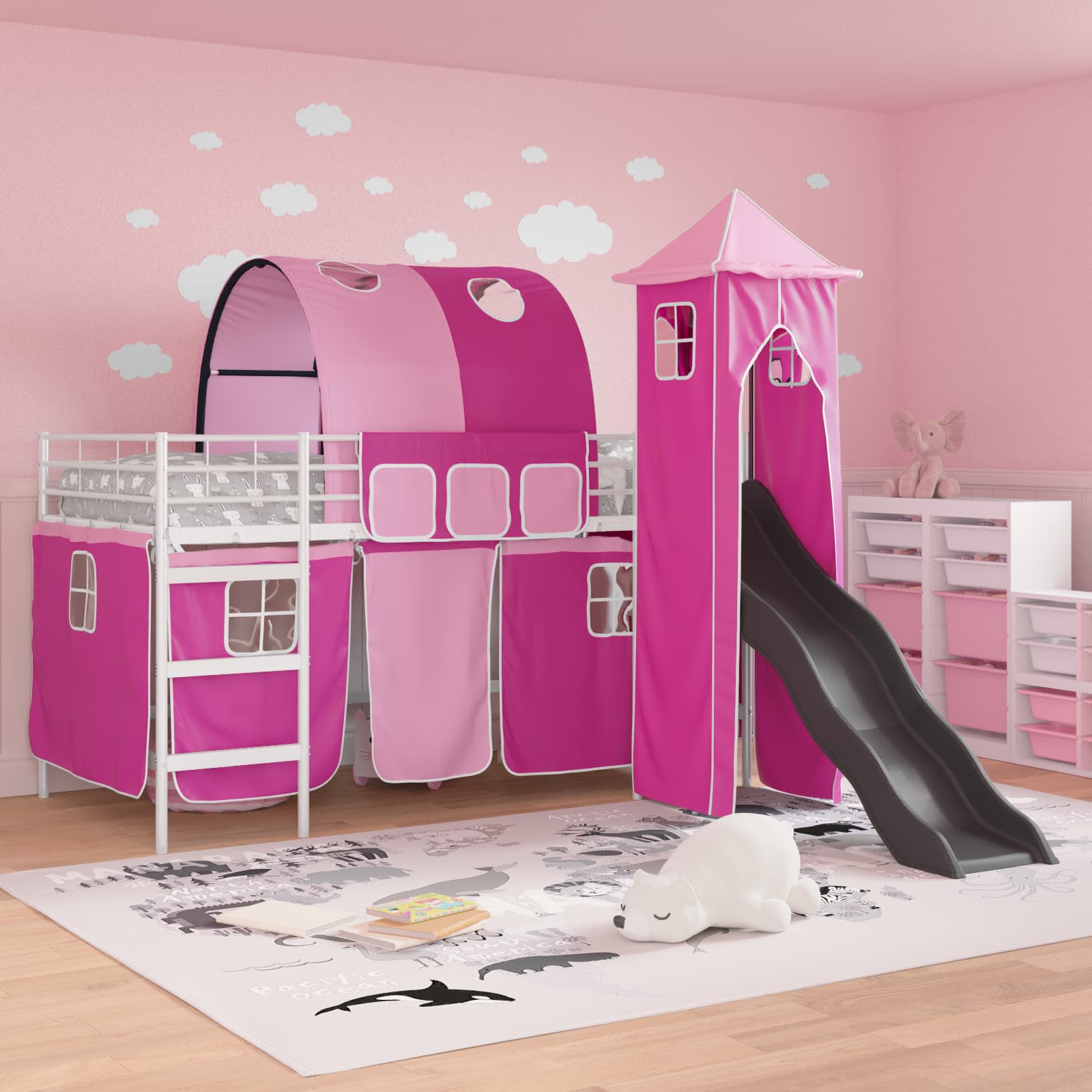 Lit mezzanine pour enfants Blanc et rose 107 x 200 cm Métал - XIOS