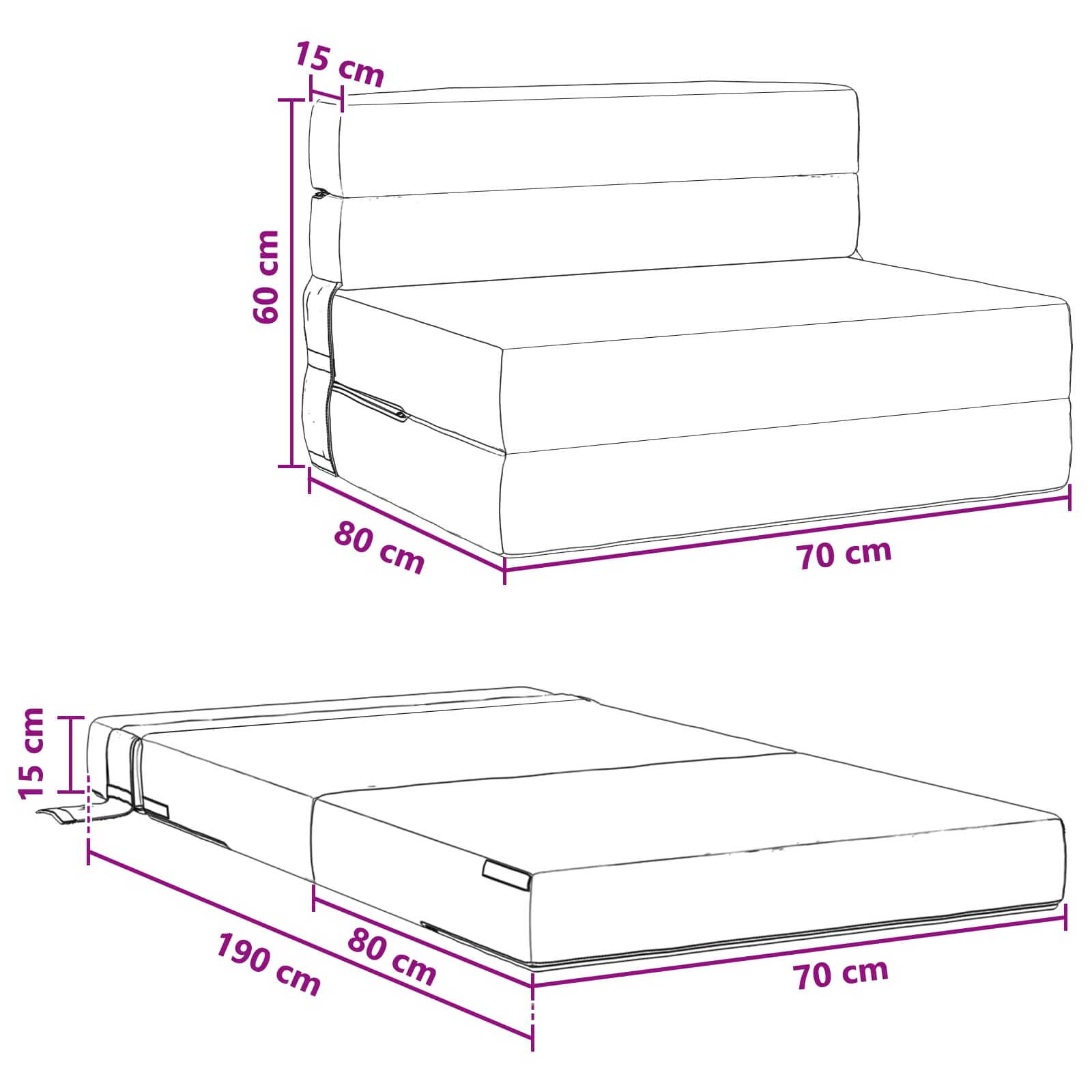 Canapé-lit pliant Noir 190 x 70 x 15 cm Velours - XIOS
