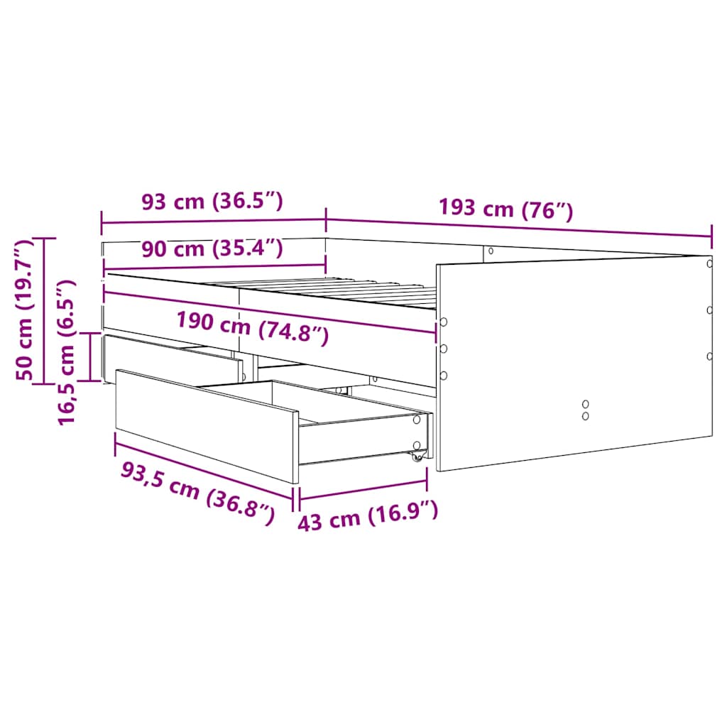 Cadre de lit avec tiroir Bois Ancien 90 x 190 cm Pin massif - XIOS