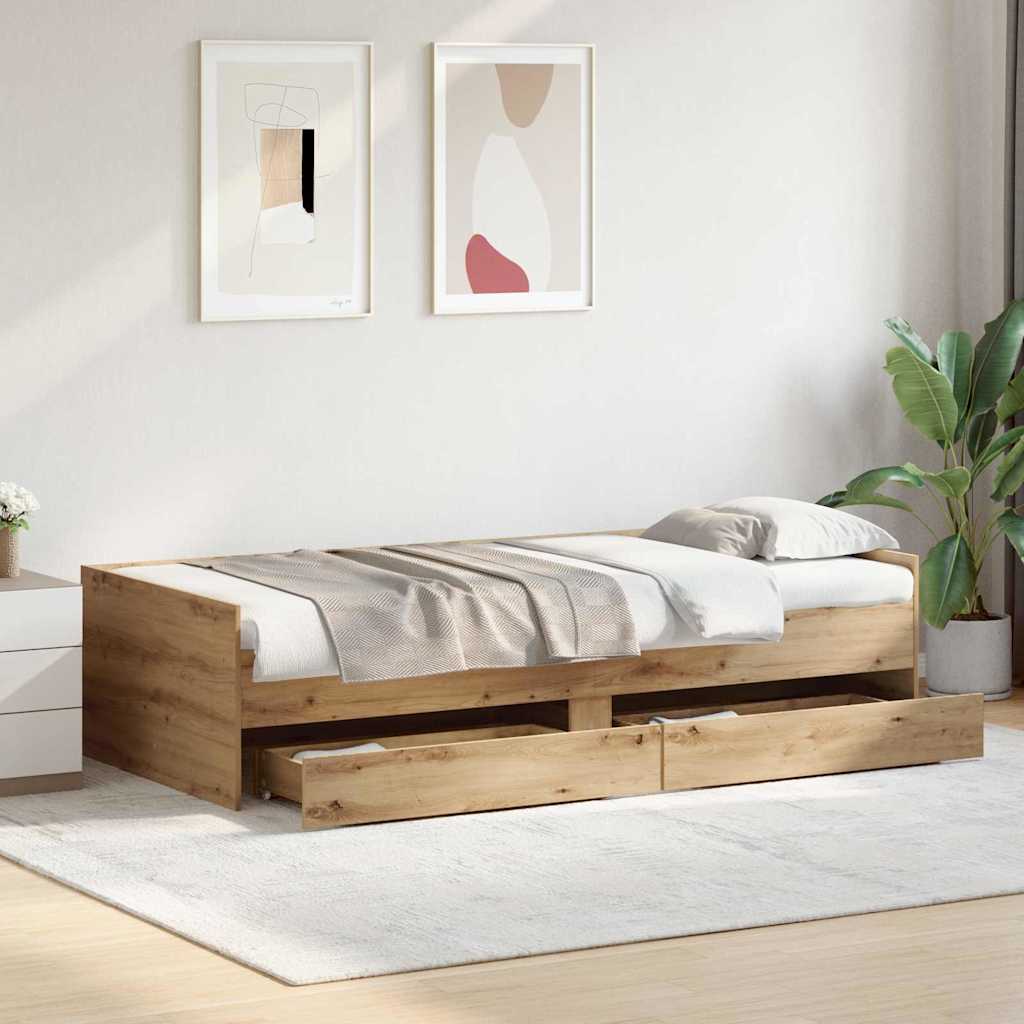 Cadre de lit avec tiroir Chêne artisanal 90 x 190 cm Pin massif - XIOS