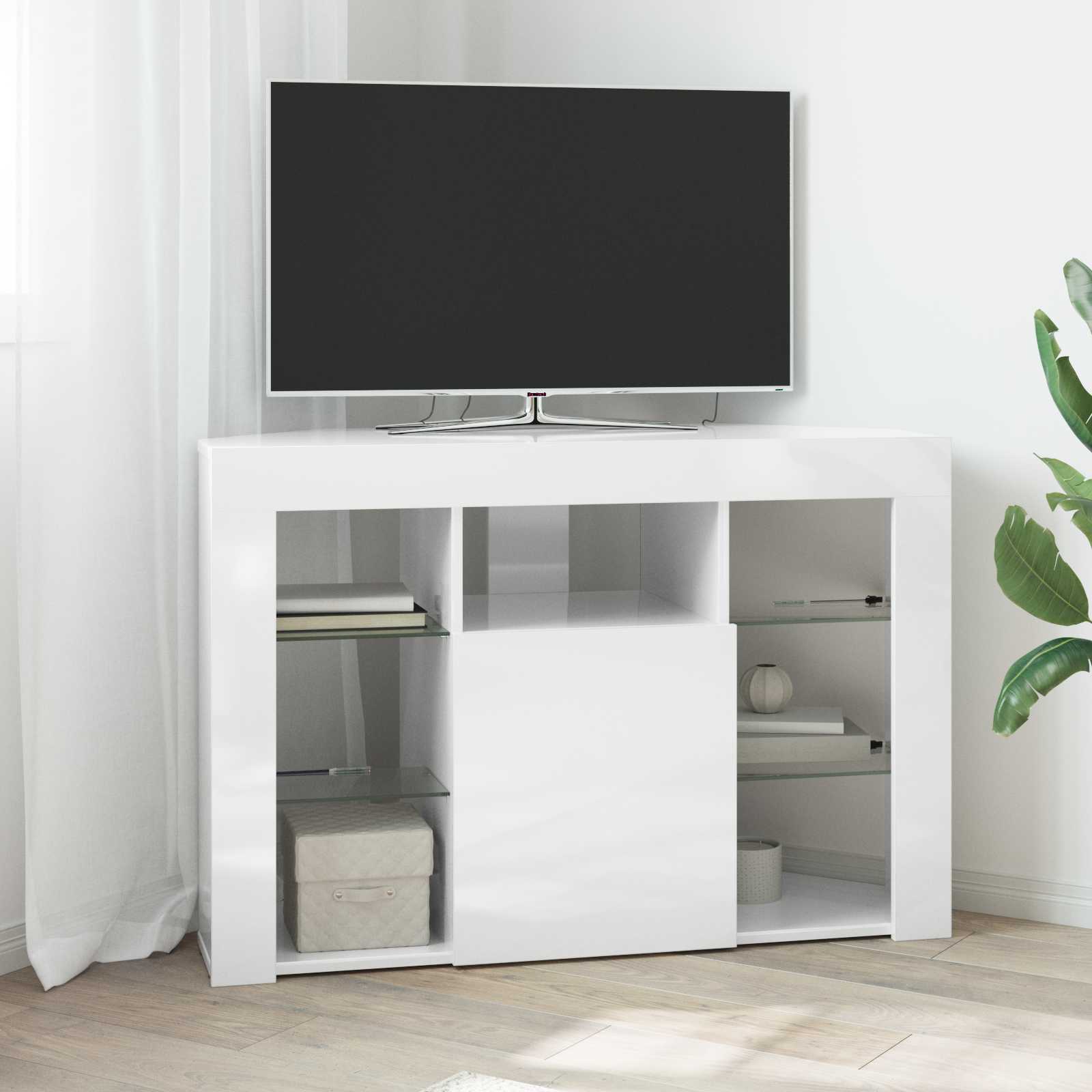 Meuble TV LED d'Angle Montage mural Blanc brillant 100x40x68cm