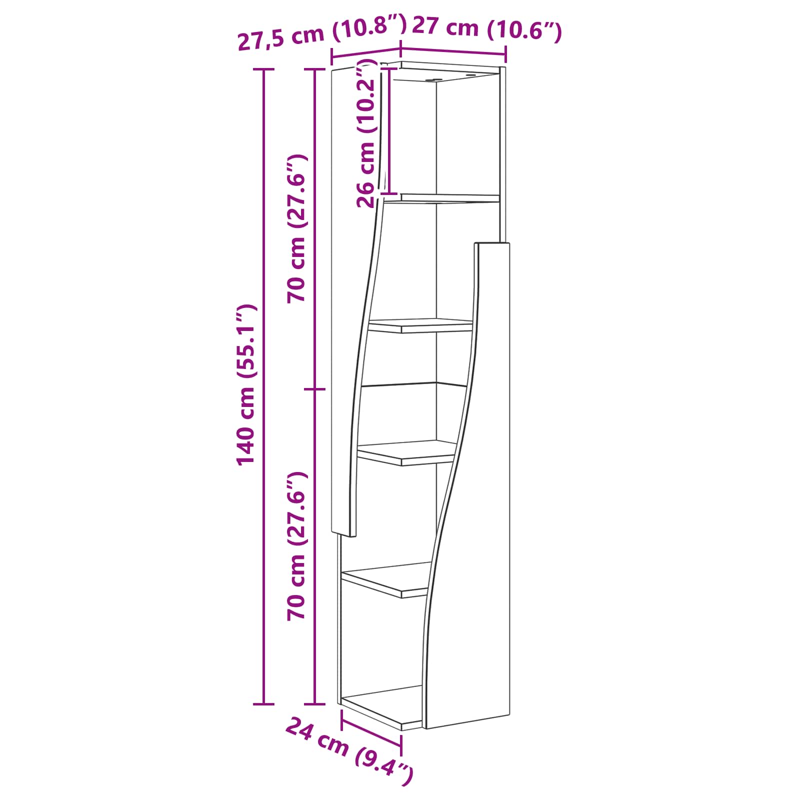 Meuble d'angle 27,5x27x140cm Bois d'ingénierie Blanc brillant