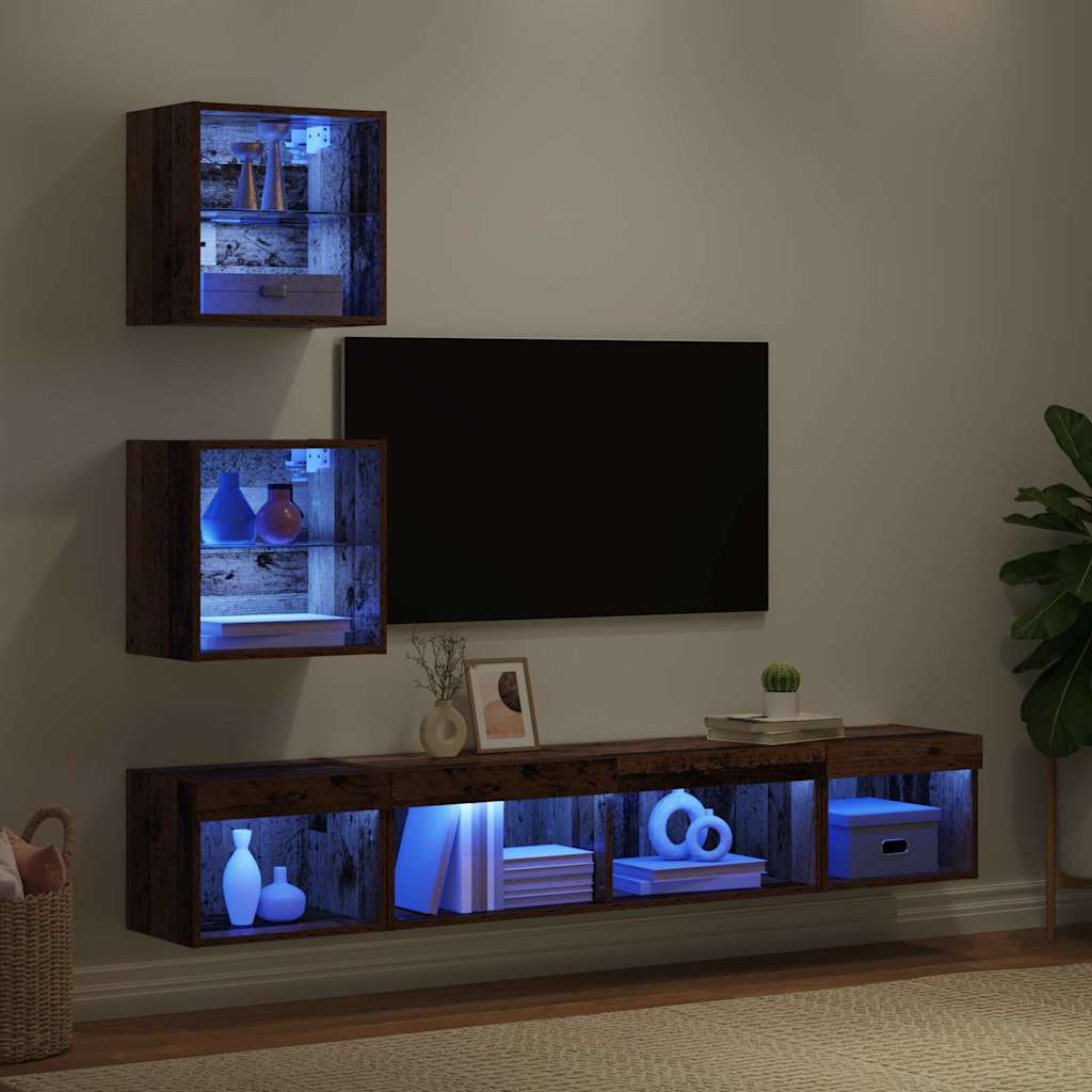 Unités murales TV avec LED 5 pcs Bois ancien 100 x 30 x 30 cm - XIOS