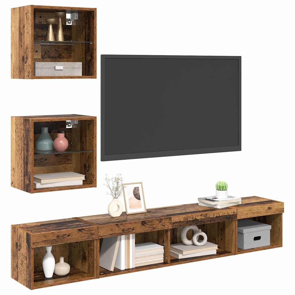 Unités murales TV avec LED 5 pcs Bois ancien 100 x 30 x 30 cm - XIOS
