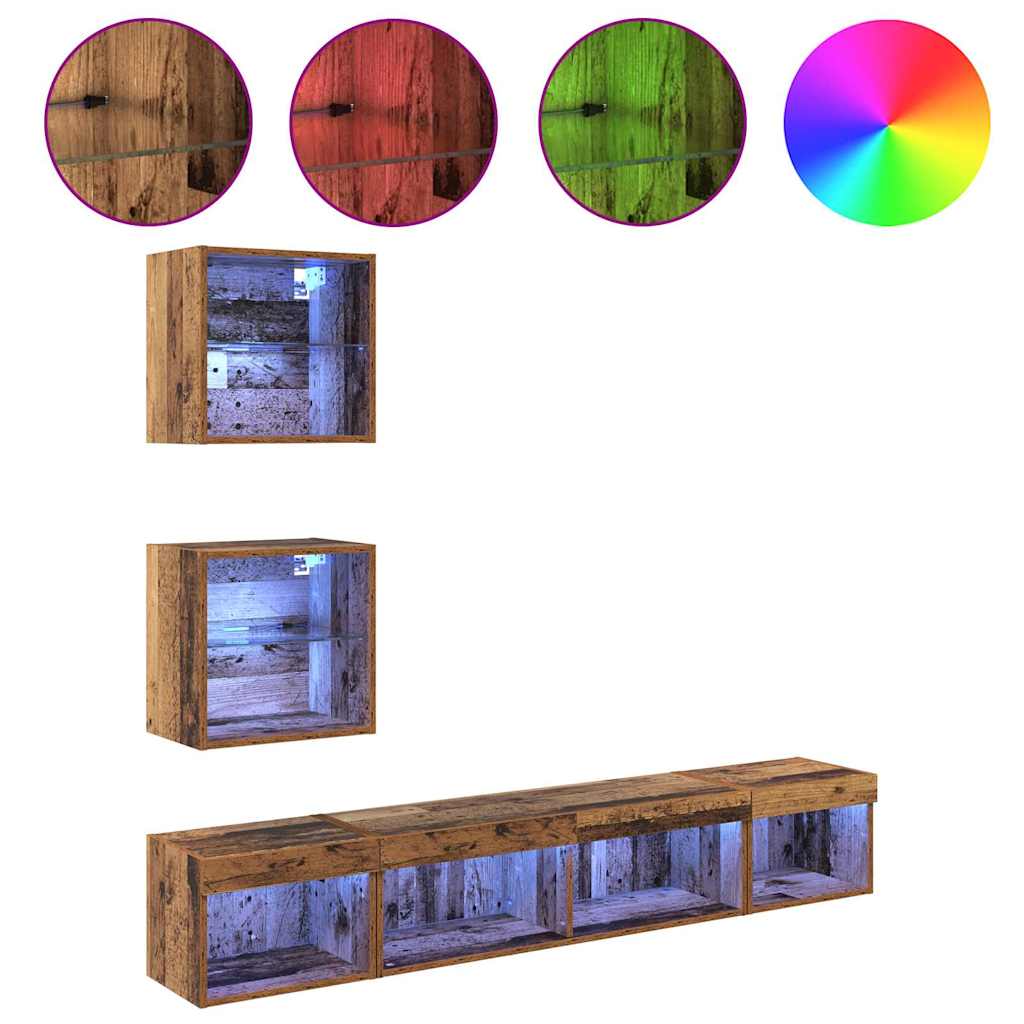 Unités murales TV avec LED 5 pcs Bois ancien 100 x 30 x 30 cm - XIOS