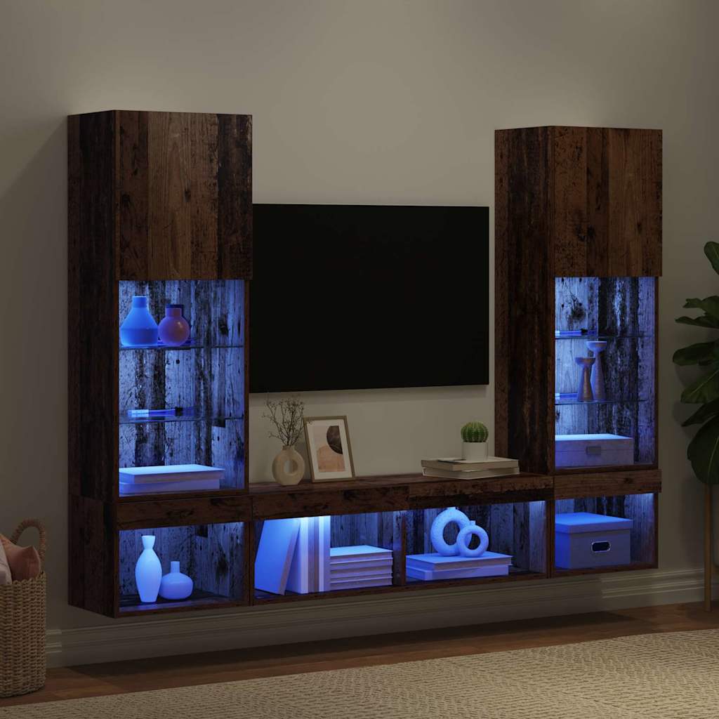 Unités murales TV avec LED 5 pcs Bois ancien Bois d'ingénierie - XIOS