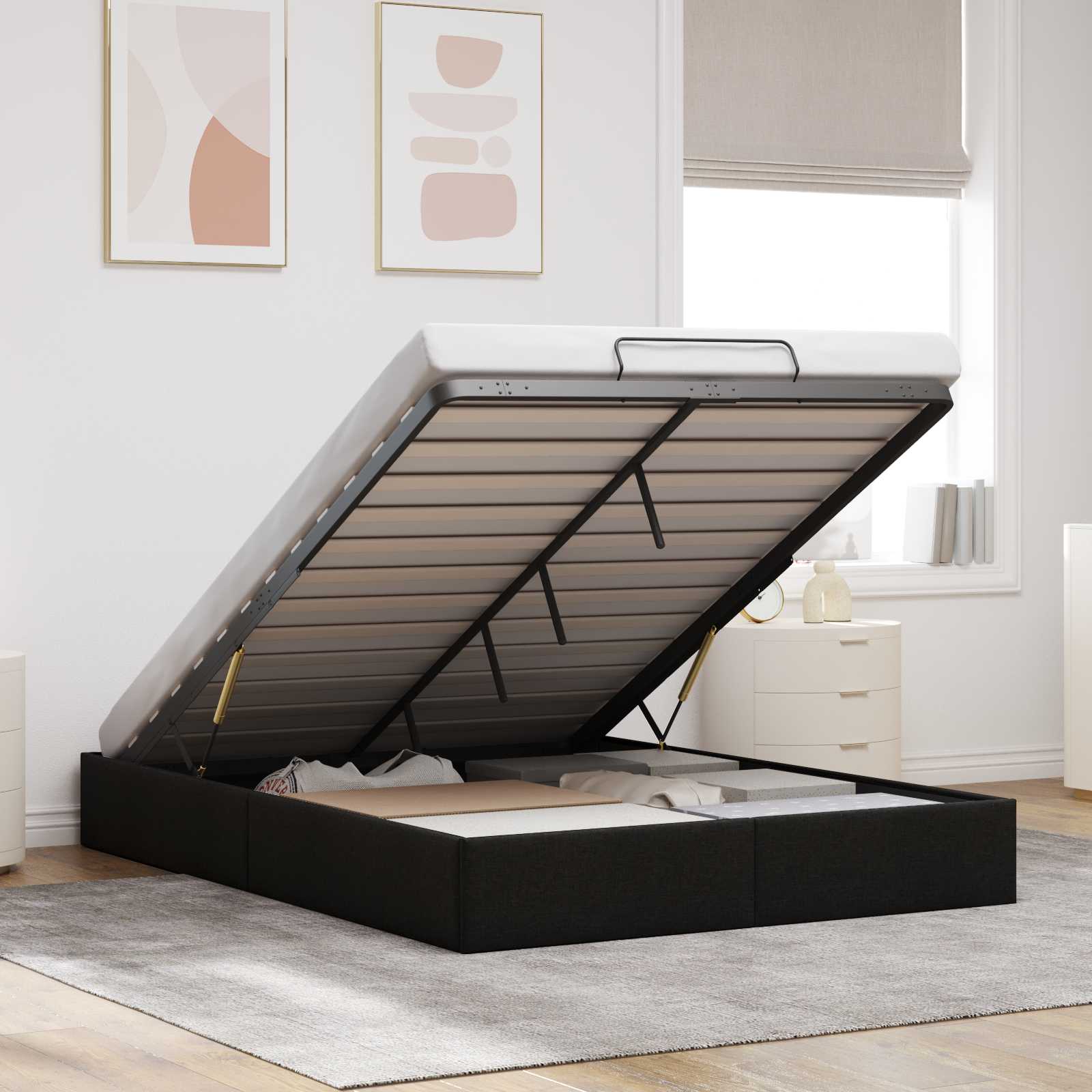 Cadre de lit ottoman Noir Lit double classique Tissu - XIOS