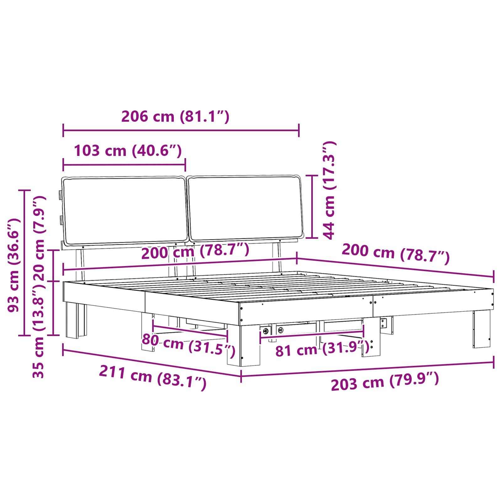 Cadre de lit avec tête de lit rembourrée Taupe 200 x 200 cm - XIOS