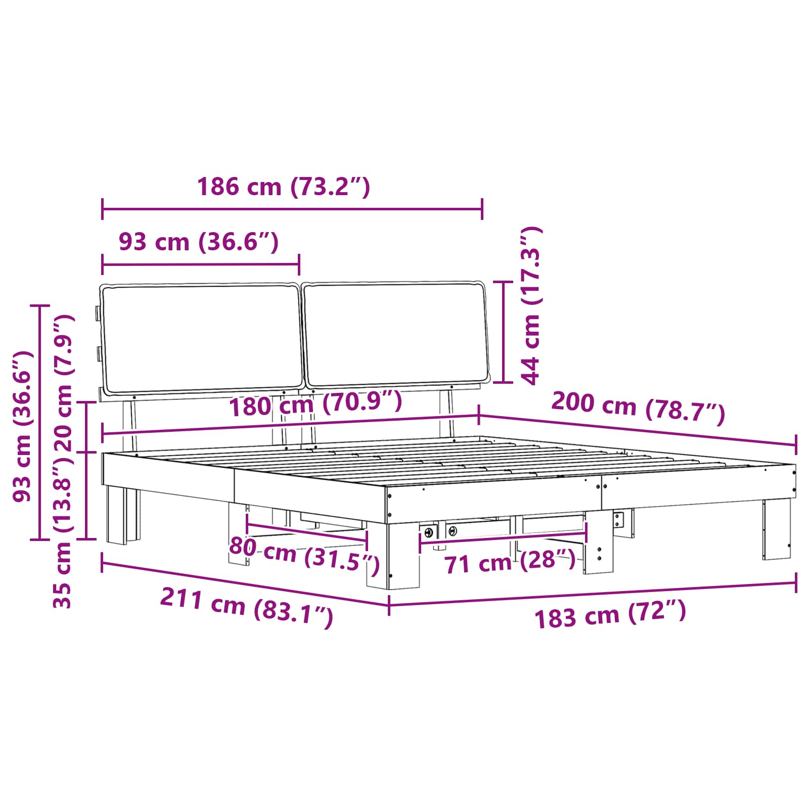 Cadre de lit avec tête de lit rembourrée Noir 180 x 200 cm - XIOS