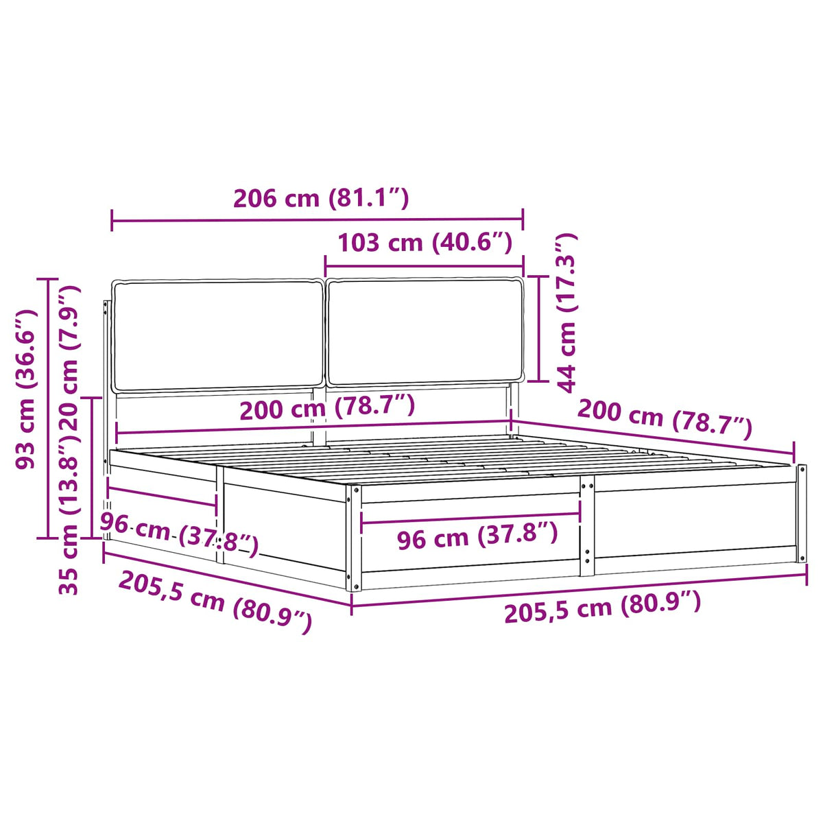 Cadre de lit avec tête de lit rembourrée Taupe 200 x 200 cm