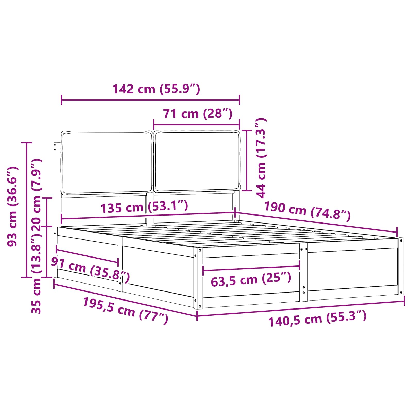 Cadre de lit avec tête de lit rembourrée Taupe 135 x 190 cm - XIOS