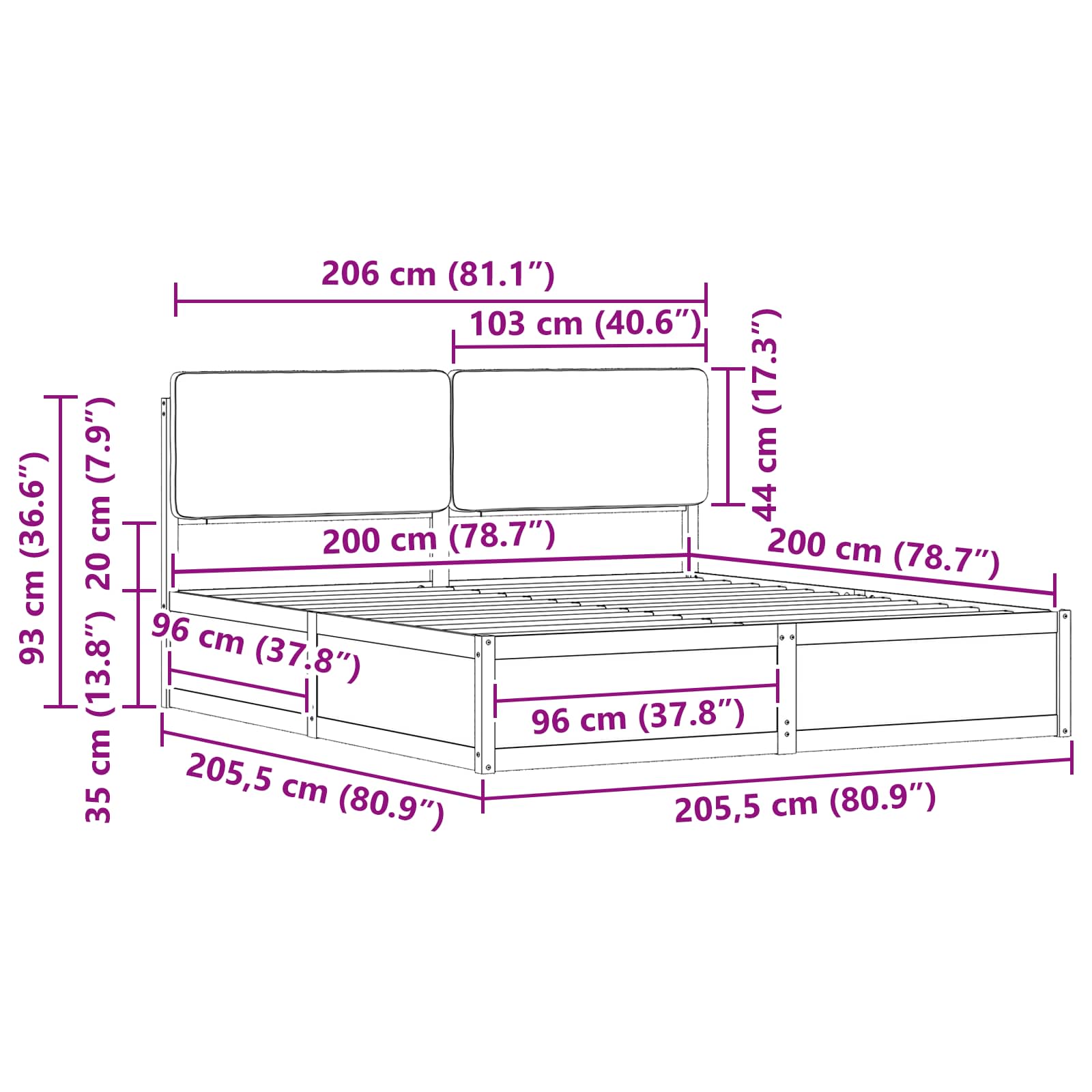 Cadre de lit avec tête de lit rembourrée Taupe 200 x 200 cm - XIOS