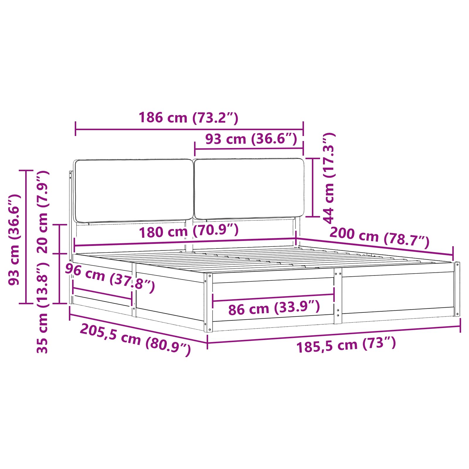 Cadre de lit avec tête de lit rembourrée Noir 180 x 200 cm - XIOS