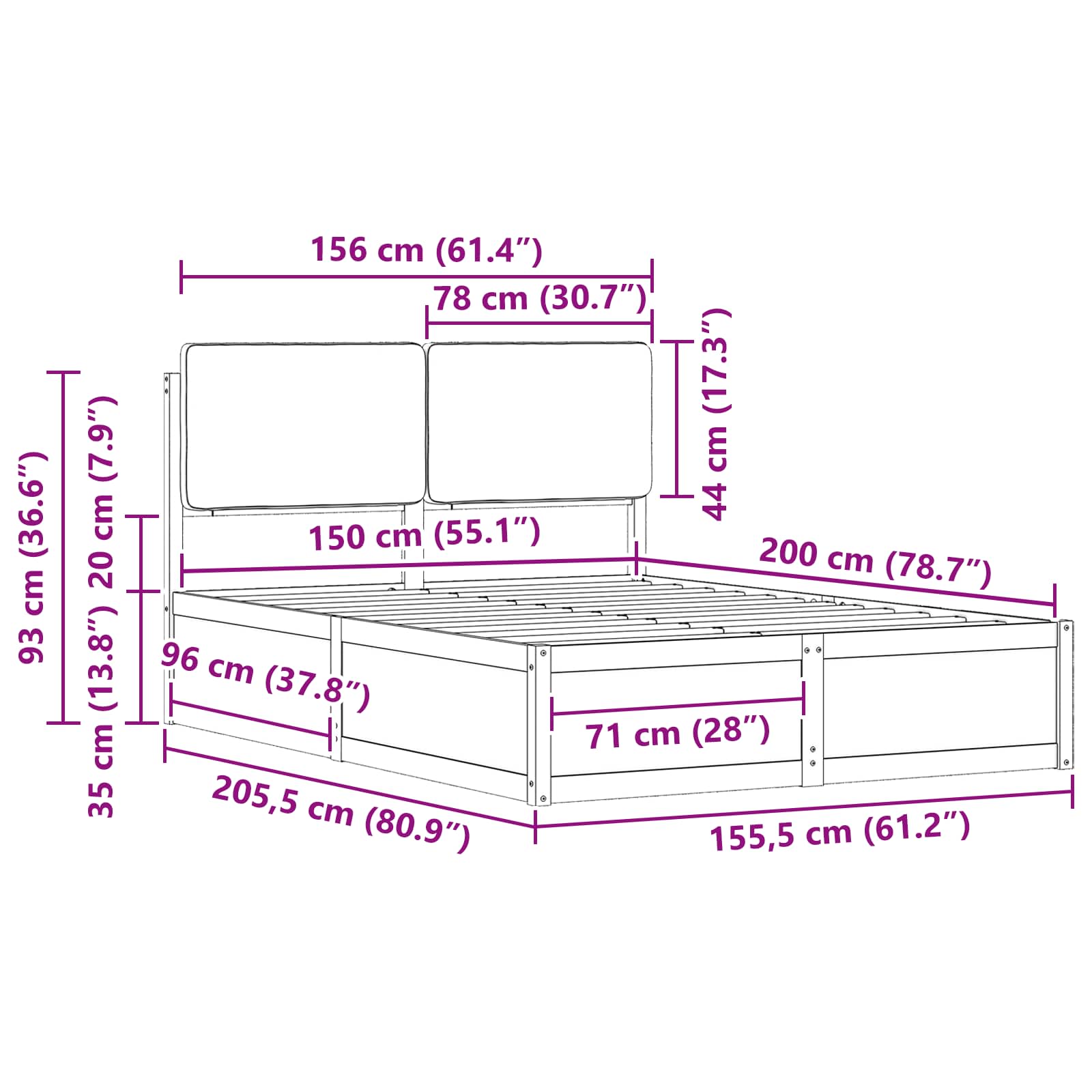 Cadre de lit avec tête de lit rembourrée Taupe 150 x 200 cm - XIOS