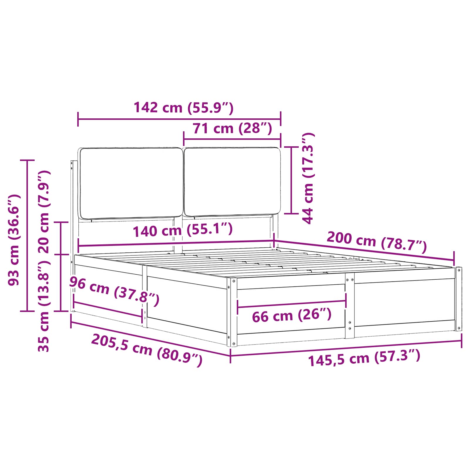 Cadre de lit avec tête de lit rembourrée Noir 140 x 200 cm - XIOS