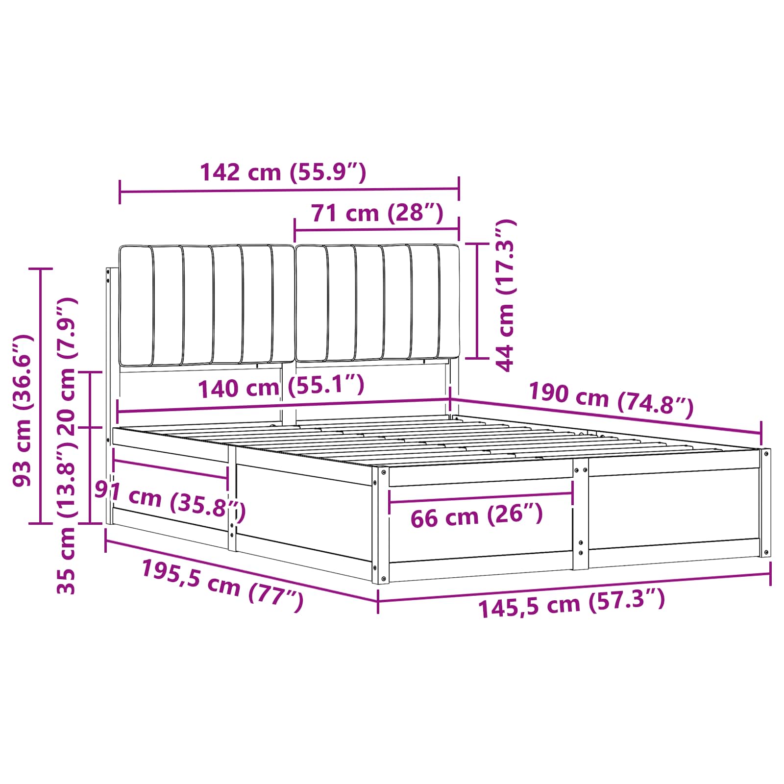 Cadre de lit avec tête de lit rembourrée Taupe 140 x 190 cm - XIOS