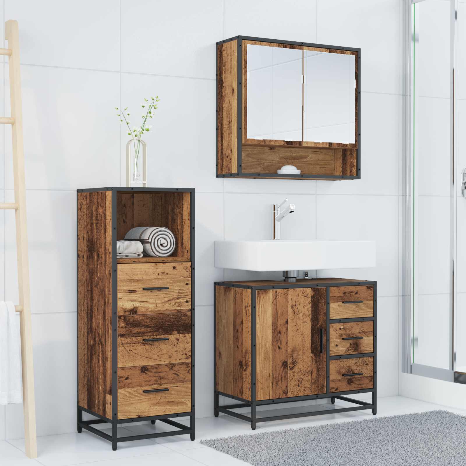 Ensemble de mobilier de salle de bain 3 pc Bois Ancien
