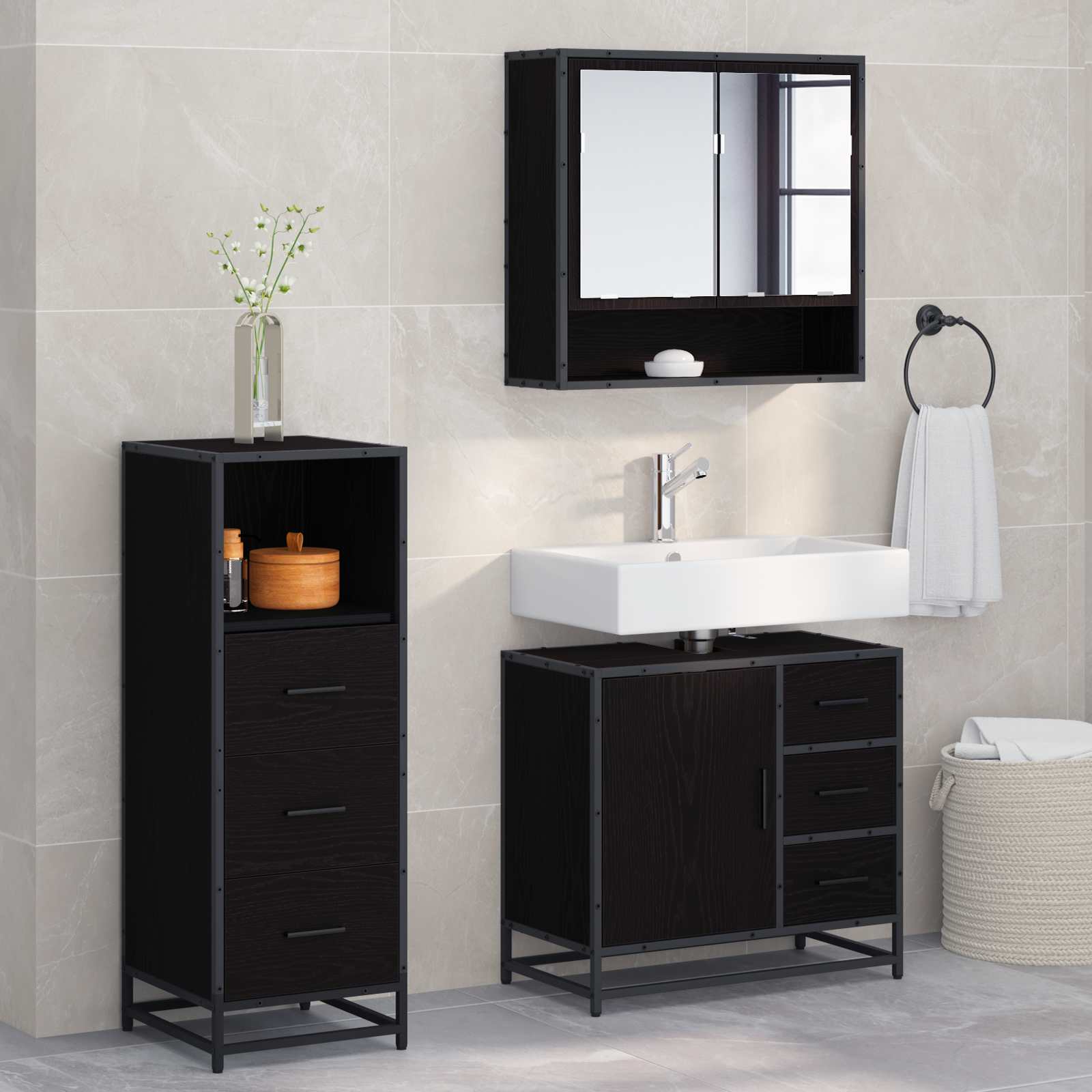 Ensemble de mobilier de salle de bain 3 pc Chêne noir