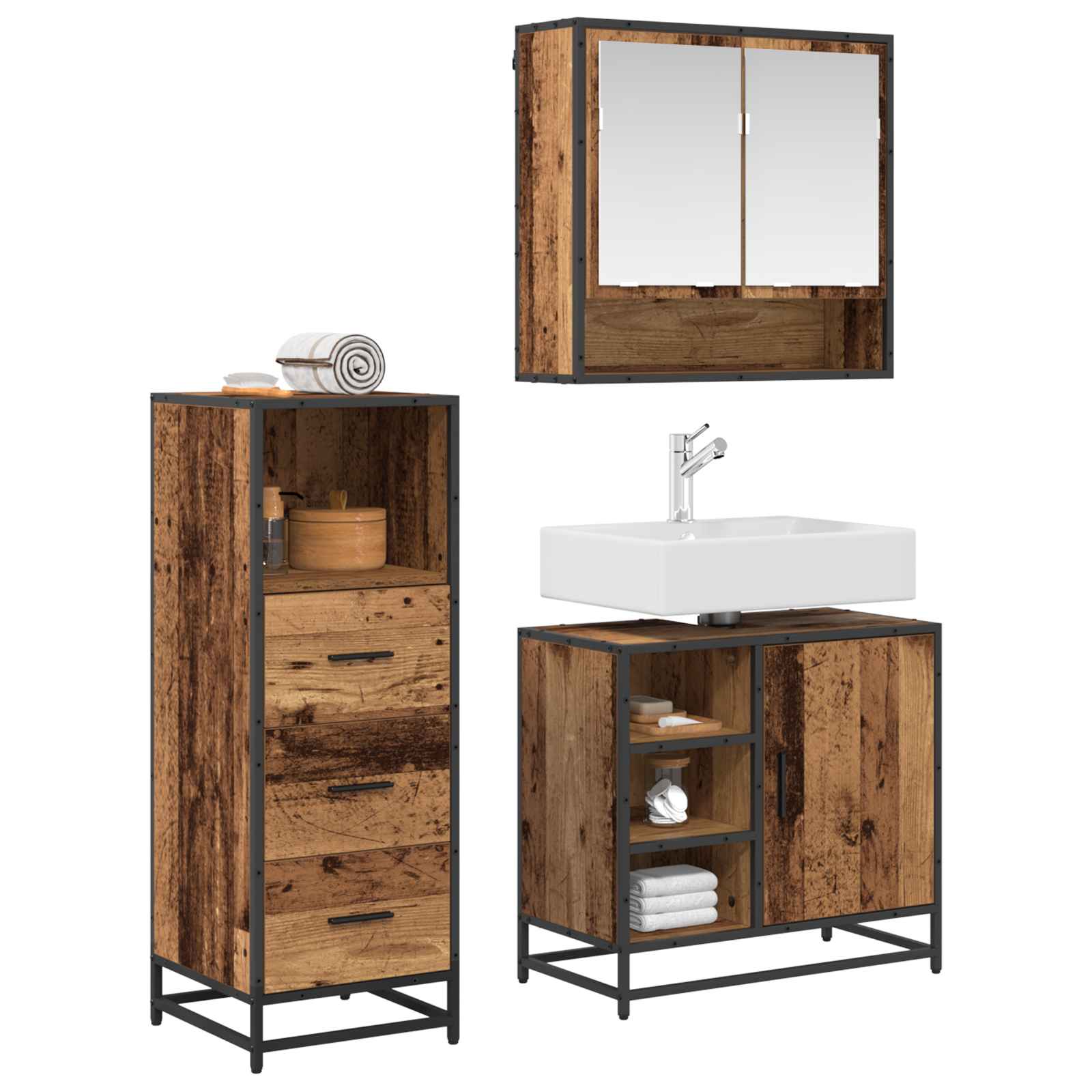 Ensemble de mobilier de salle de bain 3 pc Bois Ancien