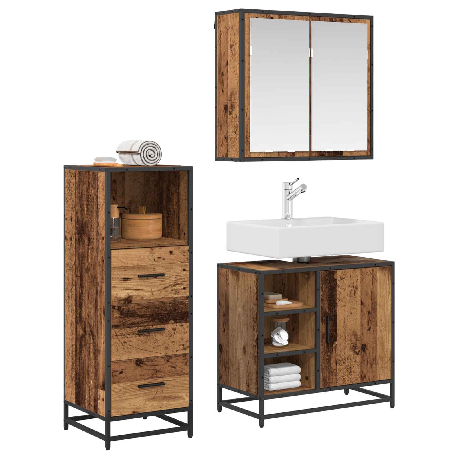 Ensemble de mobilier de salle de bain 3 pc Bois Ancien