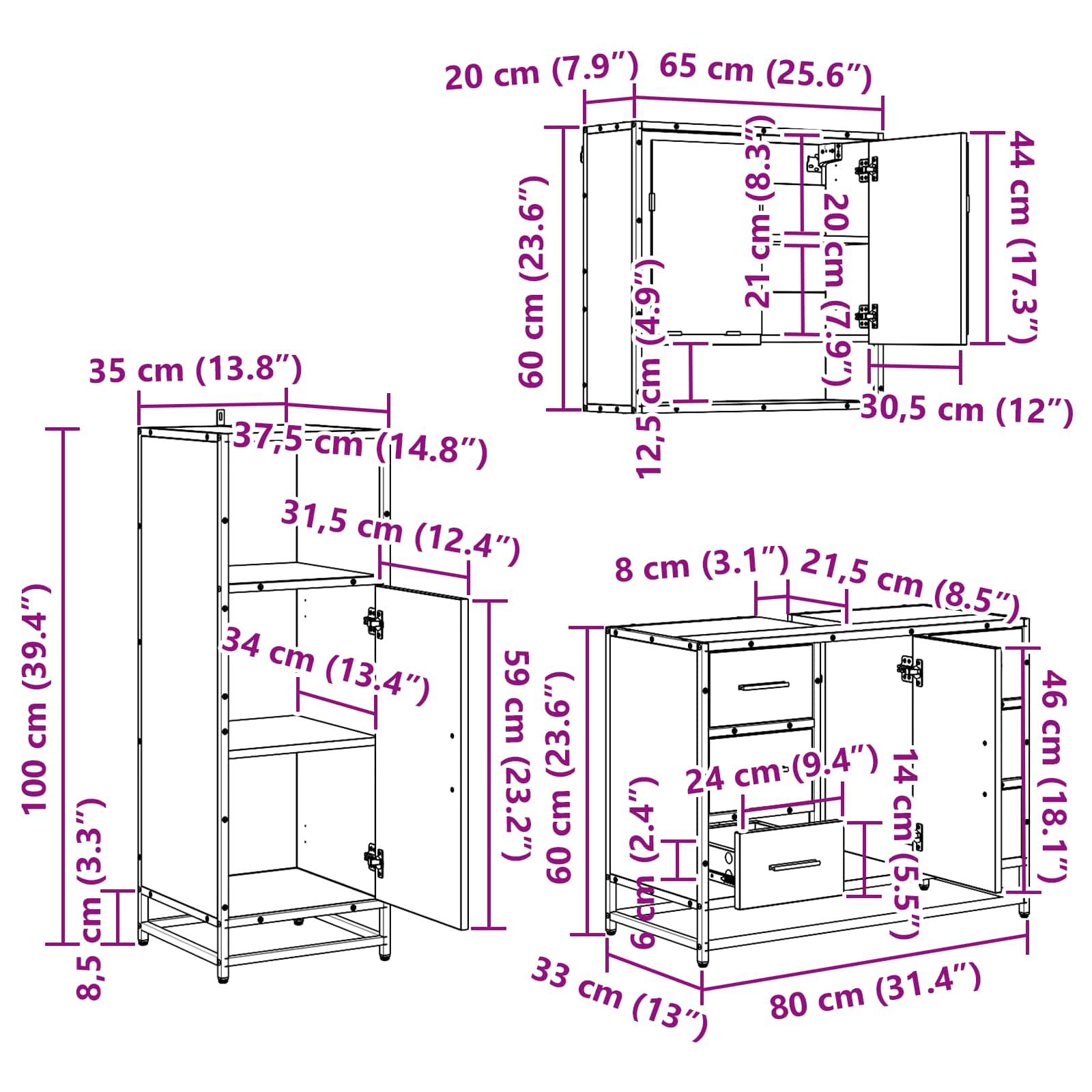 Ensemble de mobilier de salle de bain 3 pc Chêne noir