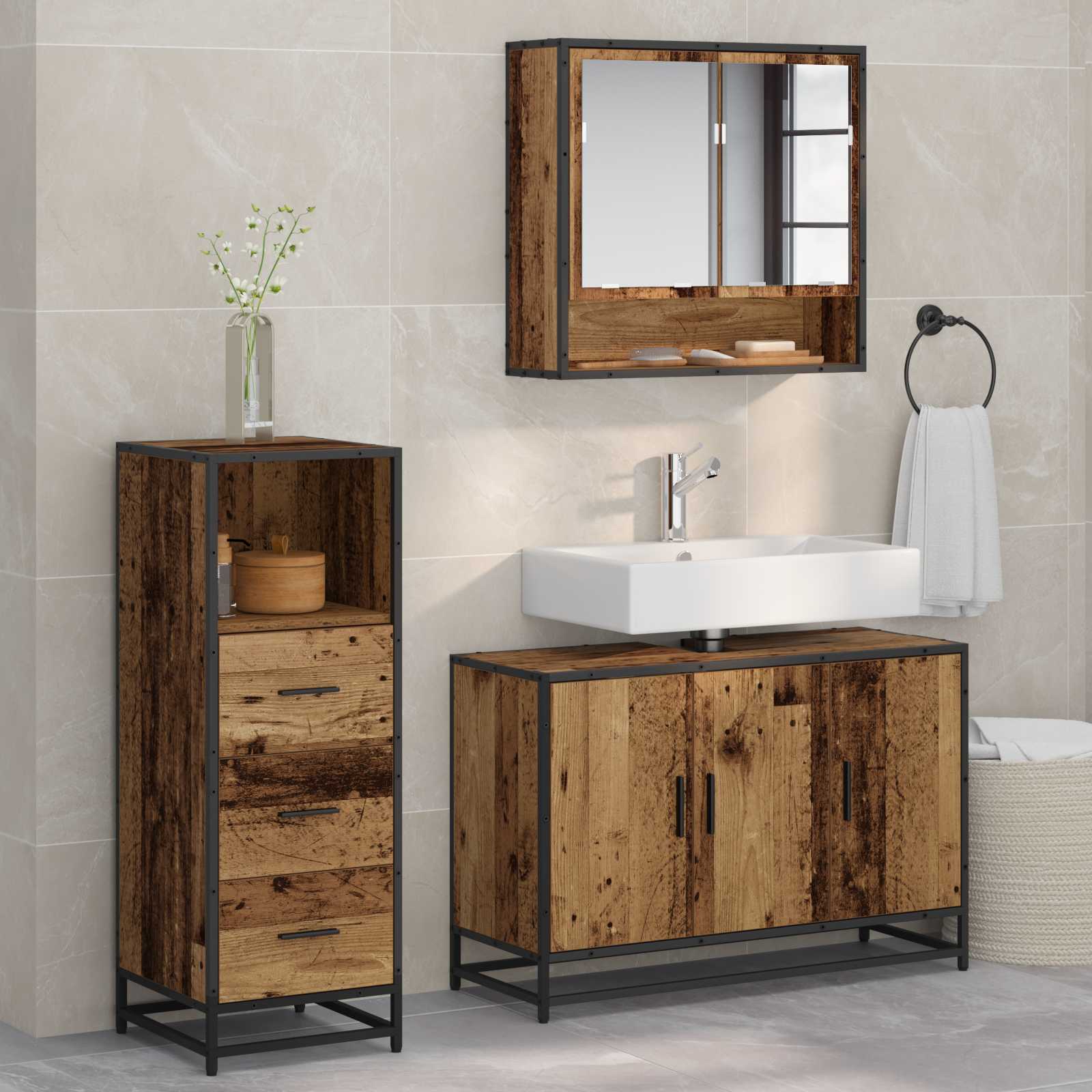 Ensemble de mobilier de salle de bain 3 pièces Bois Ancien