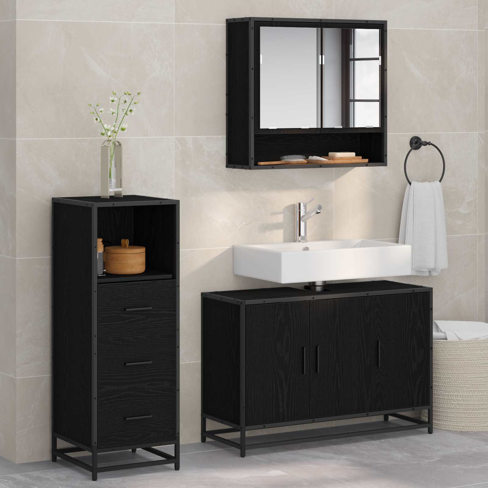 Ensemble de mobilier de salle de bain 3 pièces Chêne noir