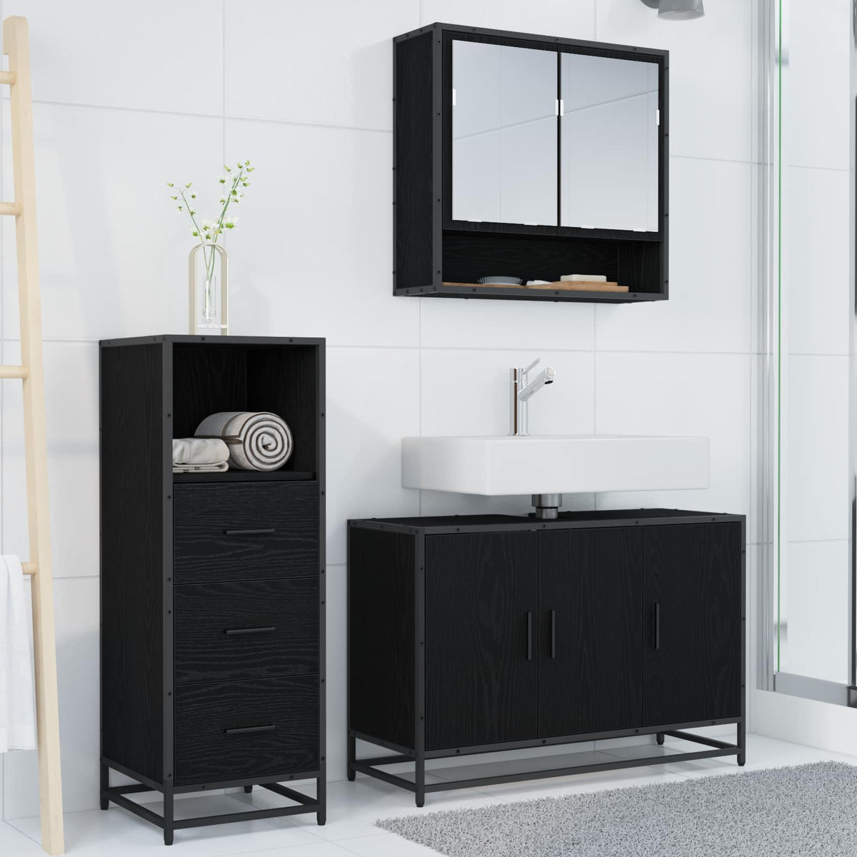 Ensemble de mobilier de salle de bain 3 pièces Chêne noir