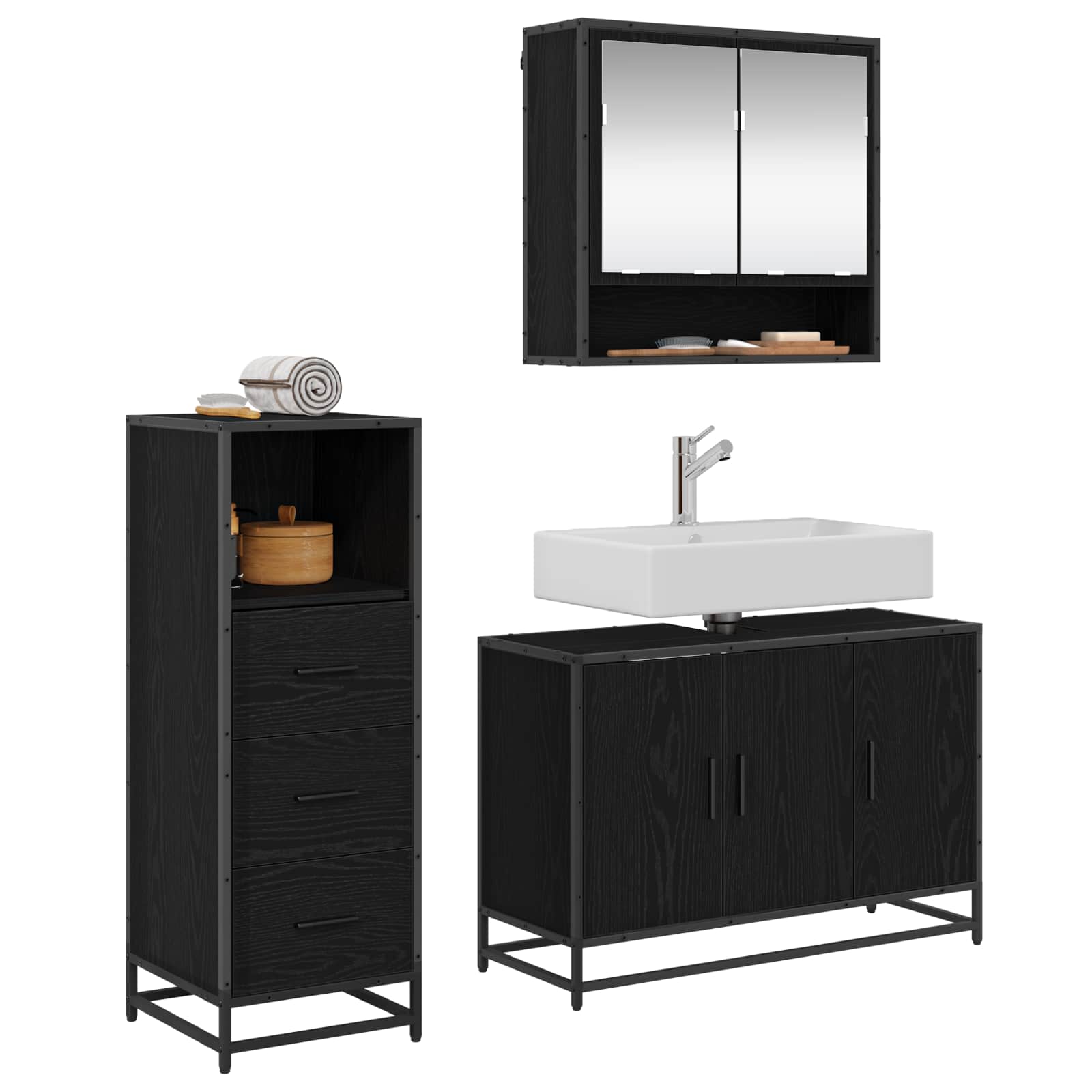 Ensemble de mobilier de salle de bain 3 pièces Chêne noir