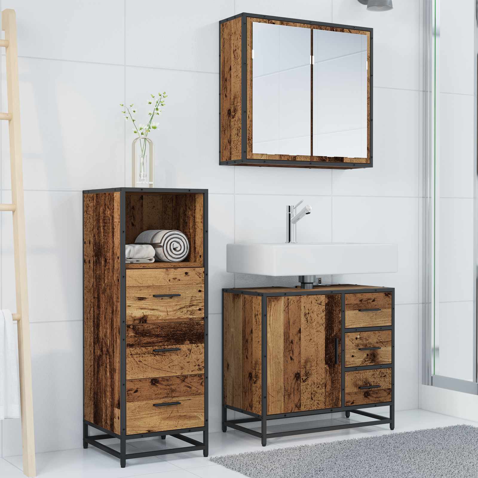 Ensemble de mobilier de salle de bain 3 pc Bois Ancien