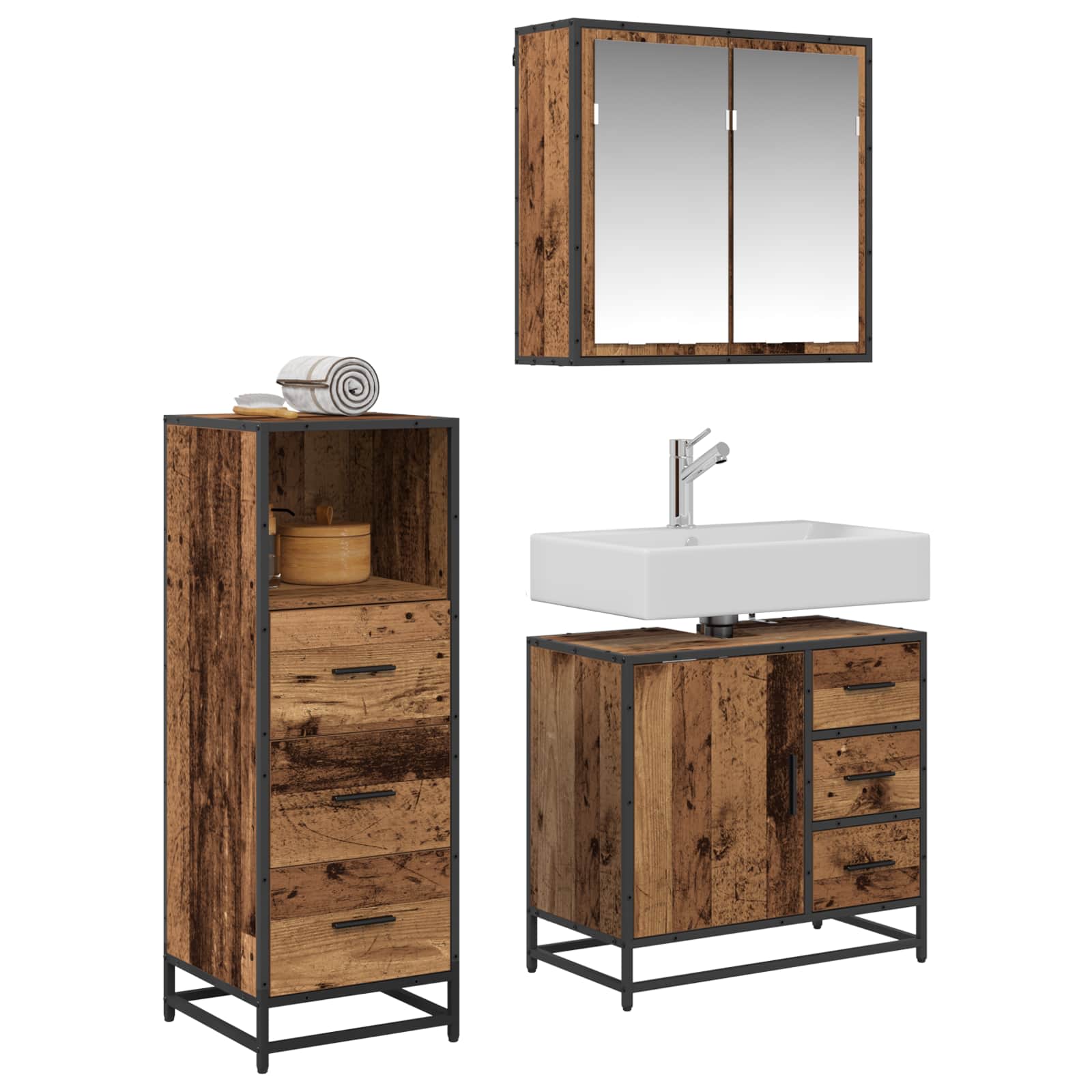 Ensemble de mobilier de salle de bain 3 pc Bois Ancien