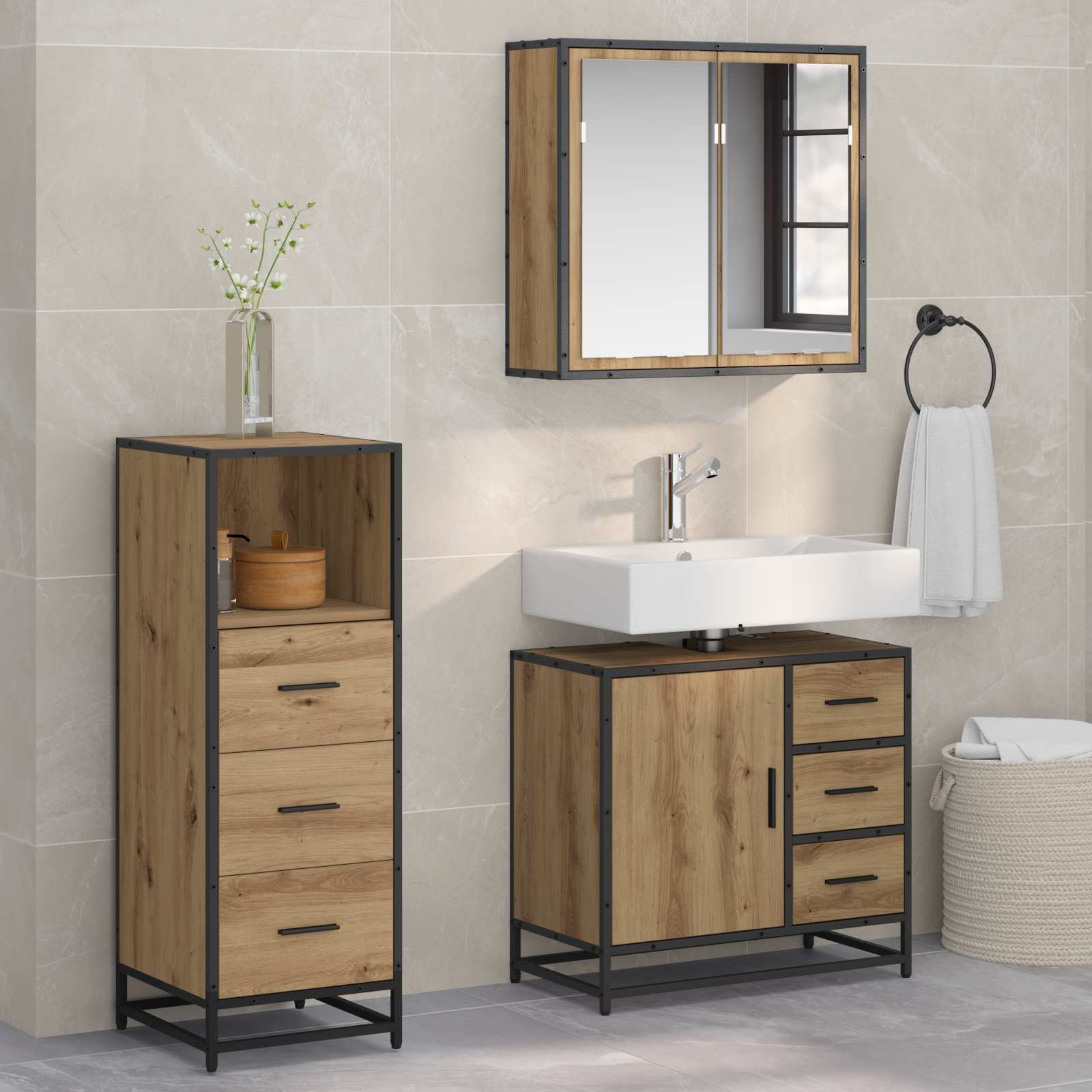 Ensemble de mobilier de salle de bain 3 pc Chêne artisanal