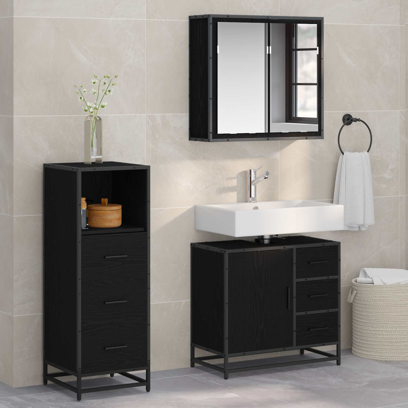 Ensemble de mobilier de salle de bain 3 pc Chêne noir