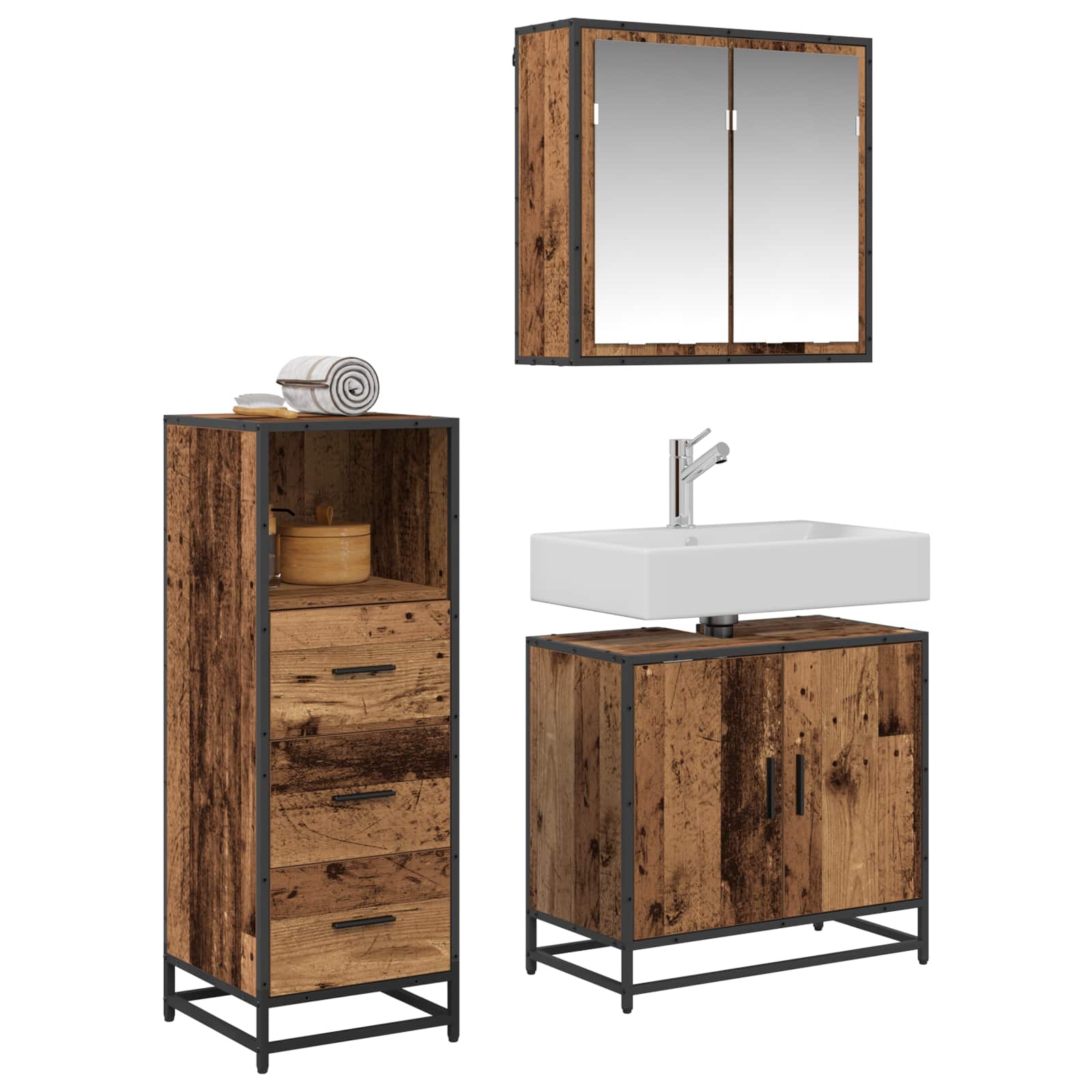 Ensemble de mobilier de salle de bain 3 pc Bois Ancien