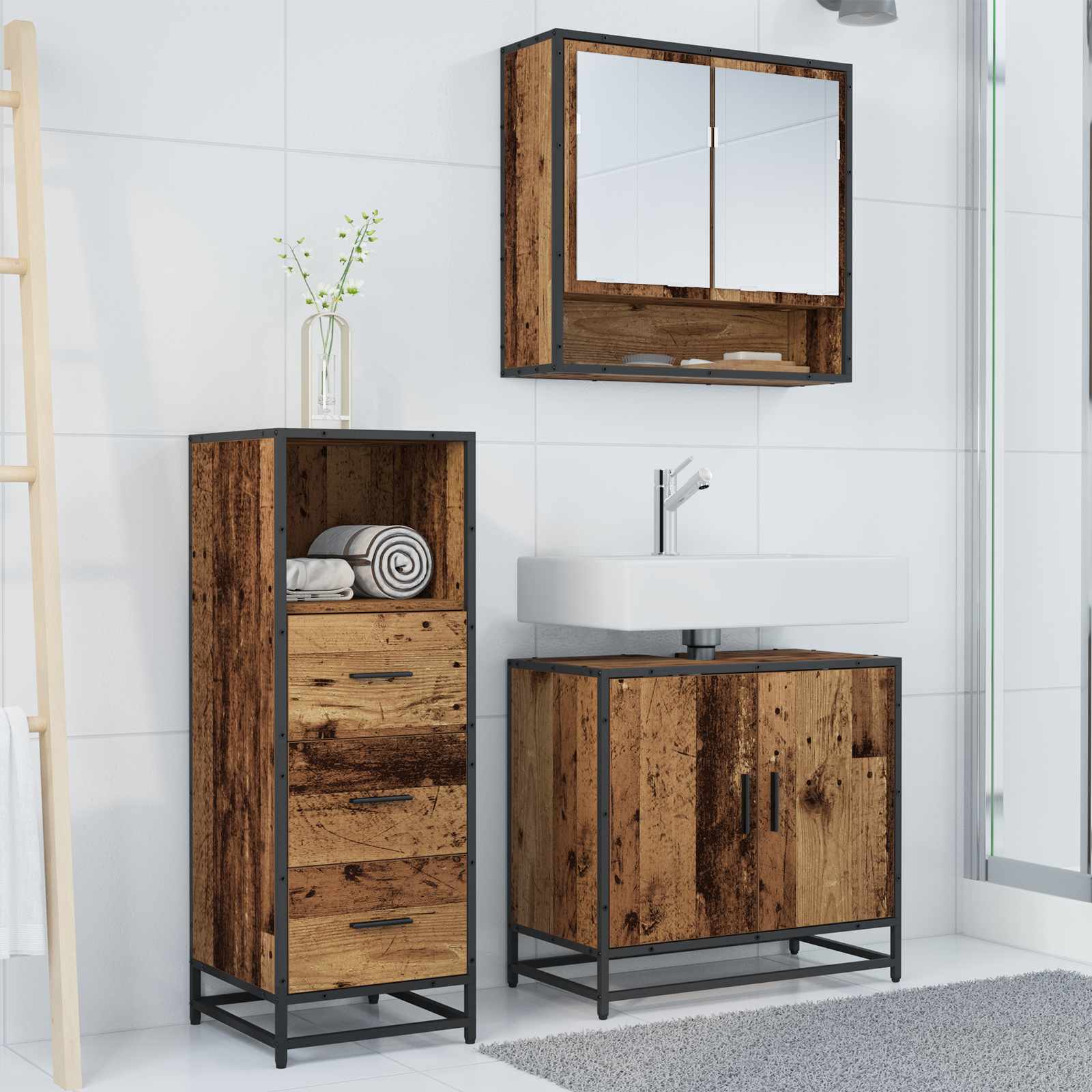 Ensemble de mobilier de salle de bain 3 pc Bois Ancien