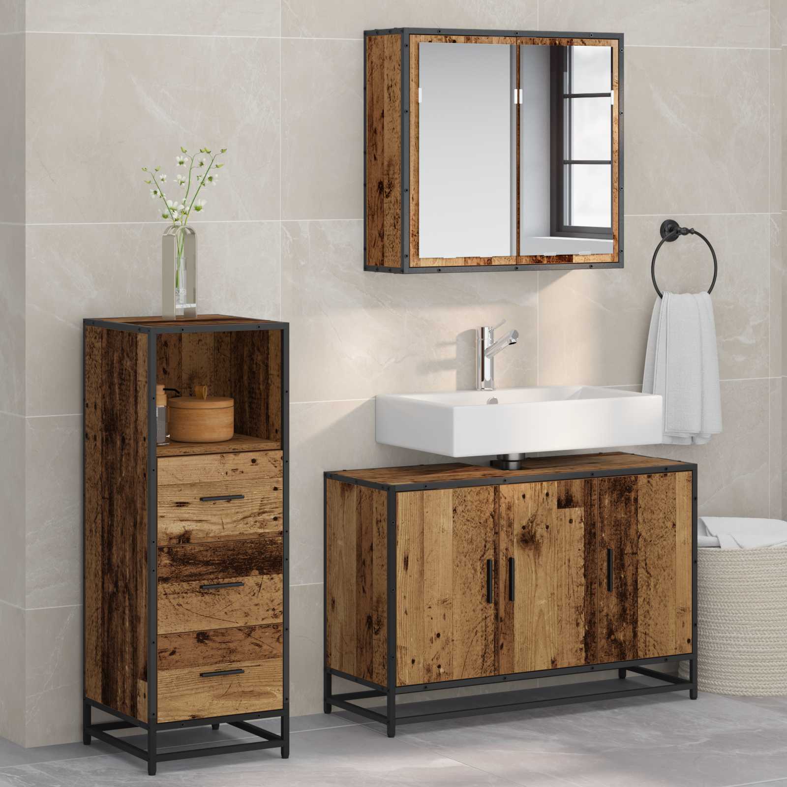 Ensemble de mobilier de salle de bain 3 pièces Bois Ancien